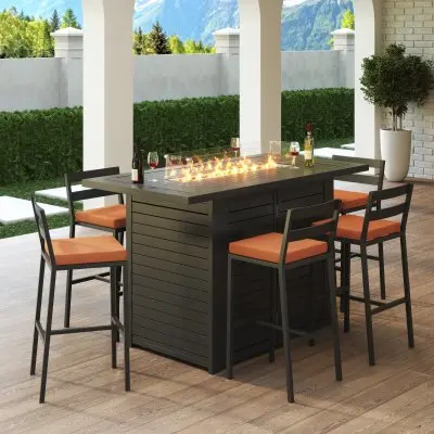 Chelsea Collection Aluminum Outdoor Dining Set, 1 Bar Height Fire Pit Table and 6 Bar Chair in black with Orange Cushions