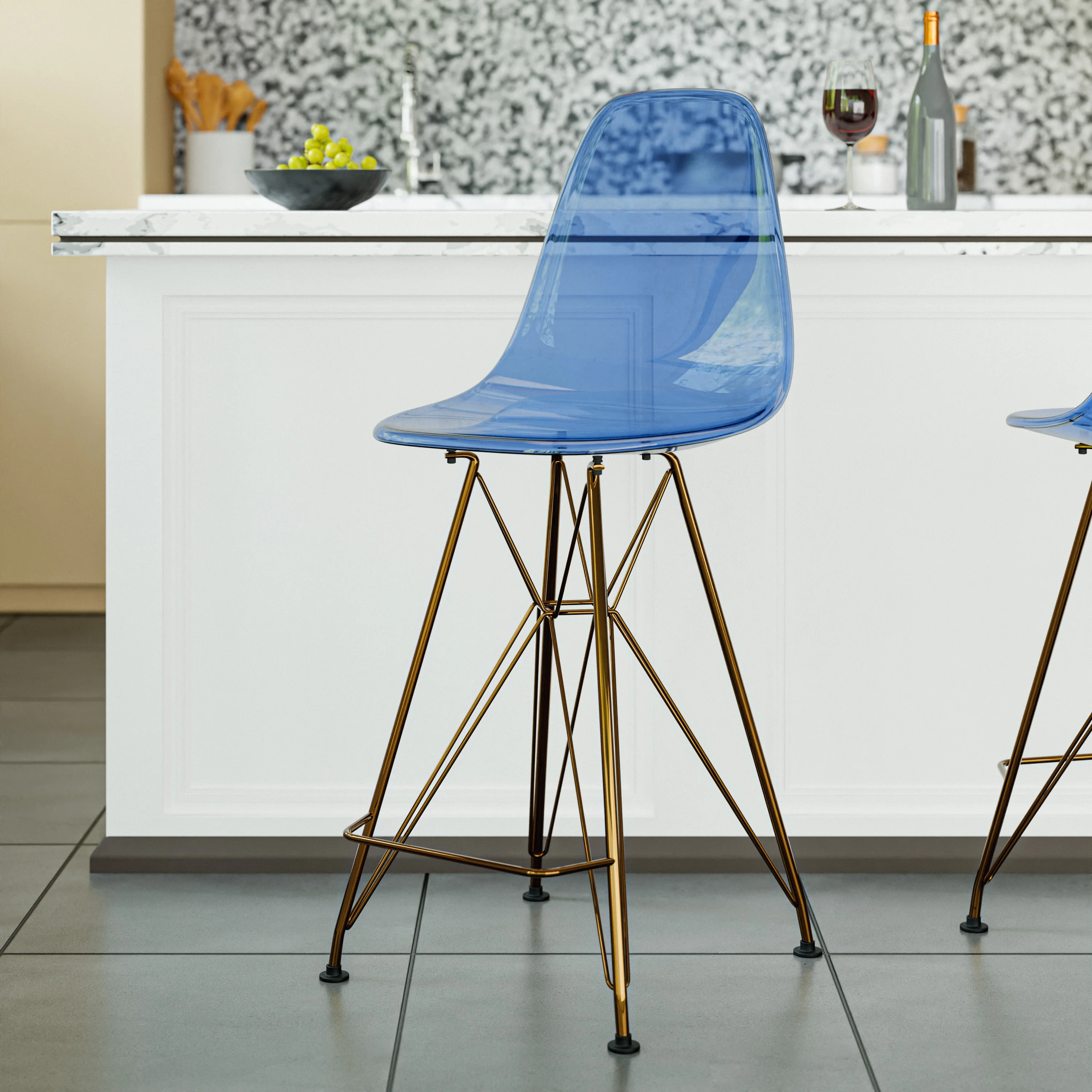 Cresco Counter Height Chair With Eiffel Gold Base In Transparent Blue