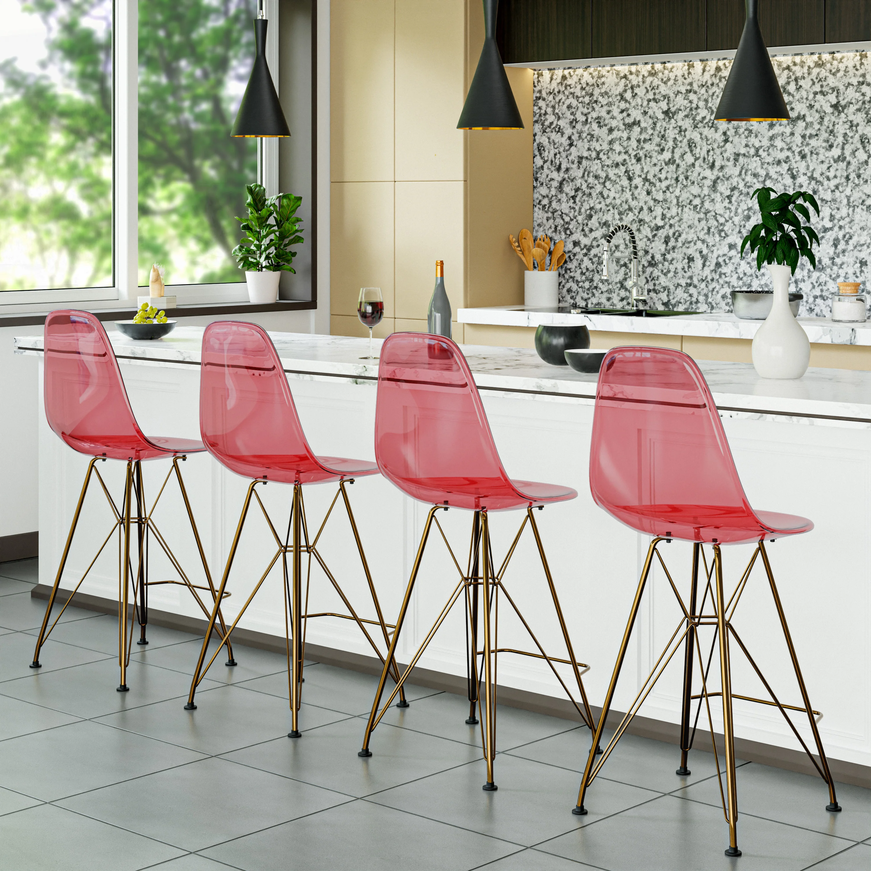 Cresco Counter Height Chair With Eiffel Gold Base In Transparent Red