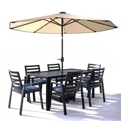 Chelsea Aluminum Outdoor Dining Table With 6 Chairs and Charcoal Blue Cushions