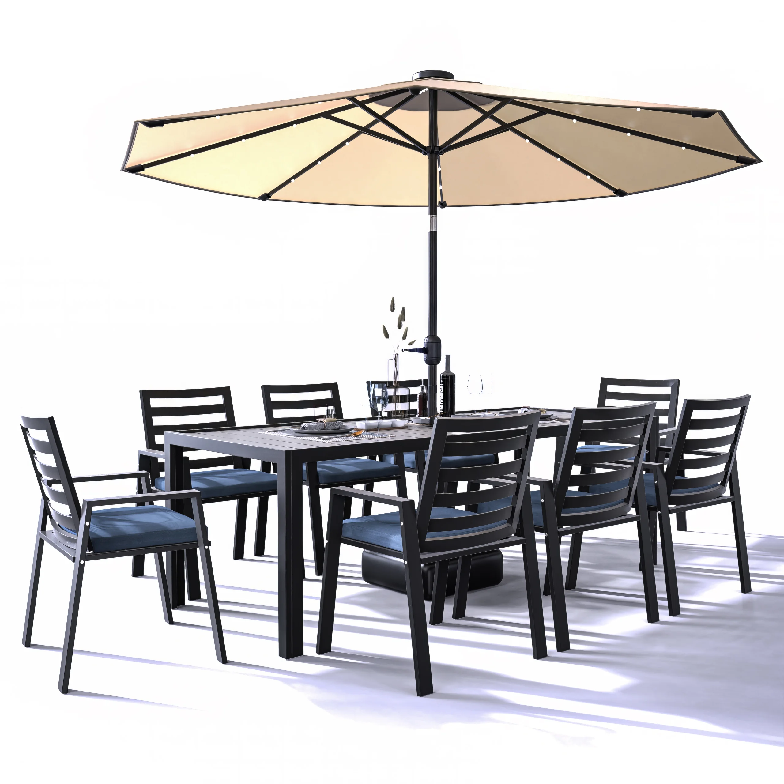 Chelsea Aluminum Outdoor Dining Table 87 With 8 Chairs and Charcoal Blue Cushions