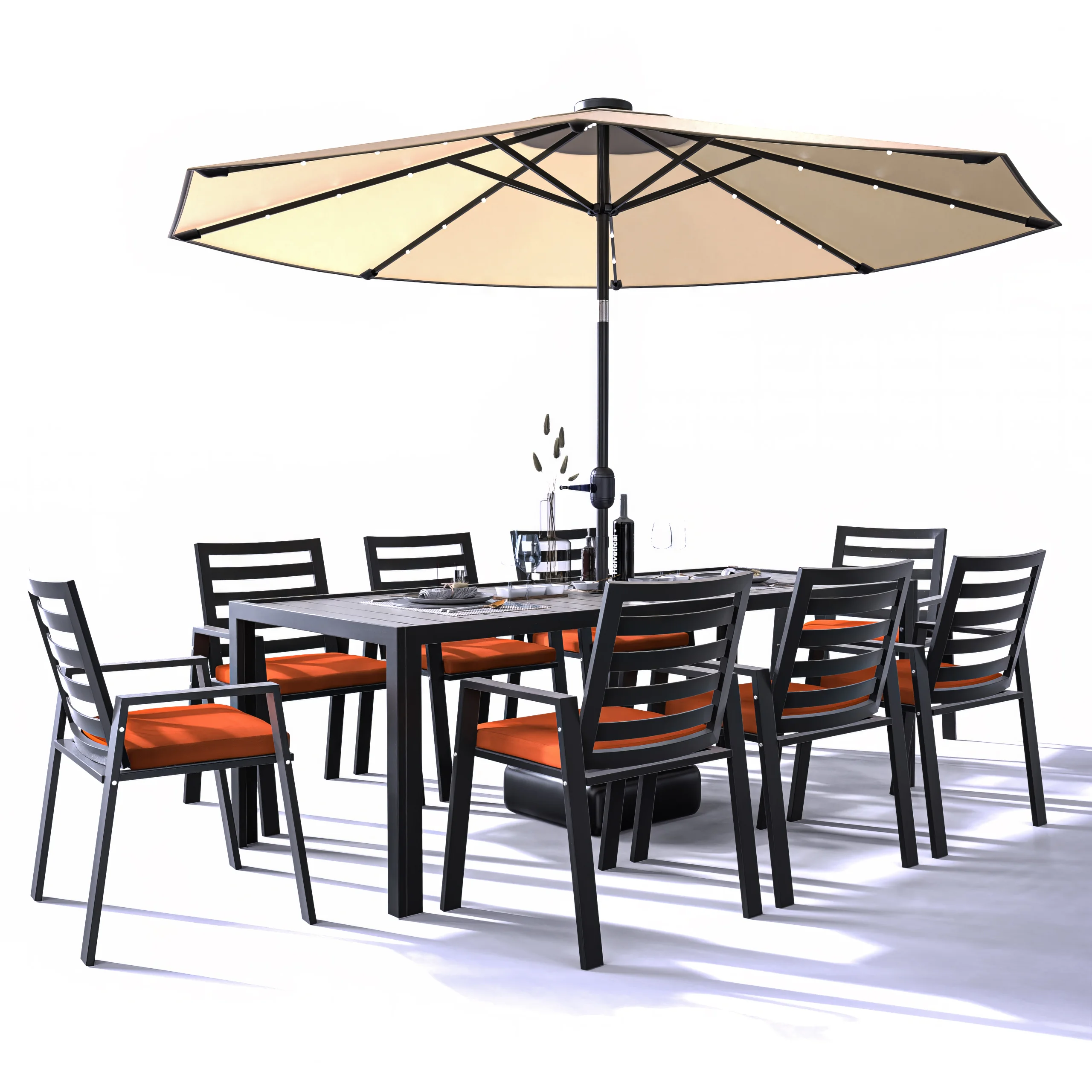 Chelsea Aluminum Outdoor Dining Table 87 With 8 Chairs and Cherry Cushions