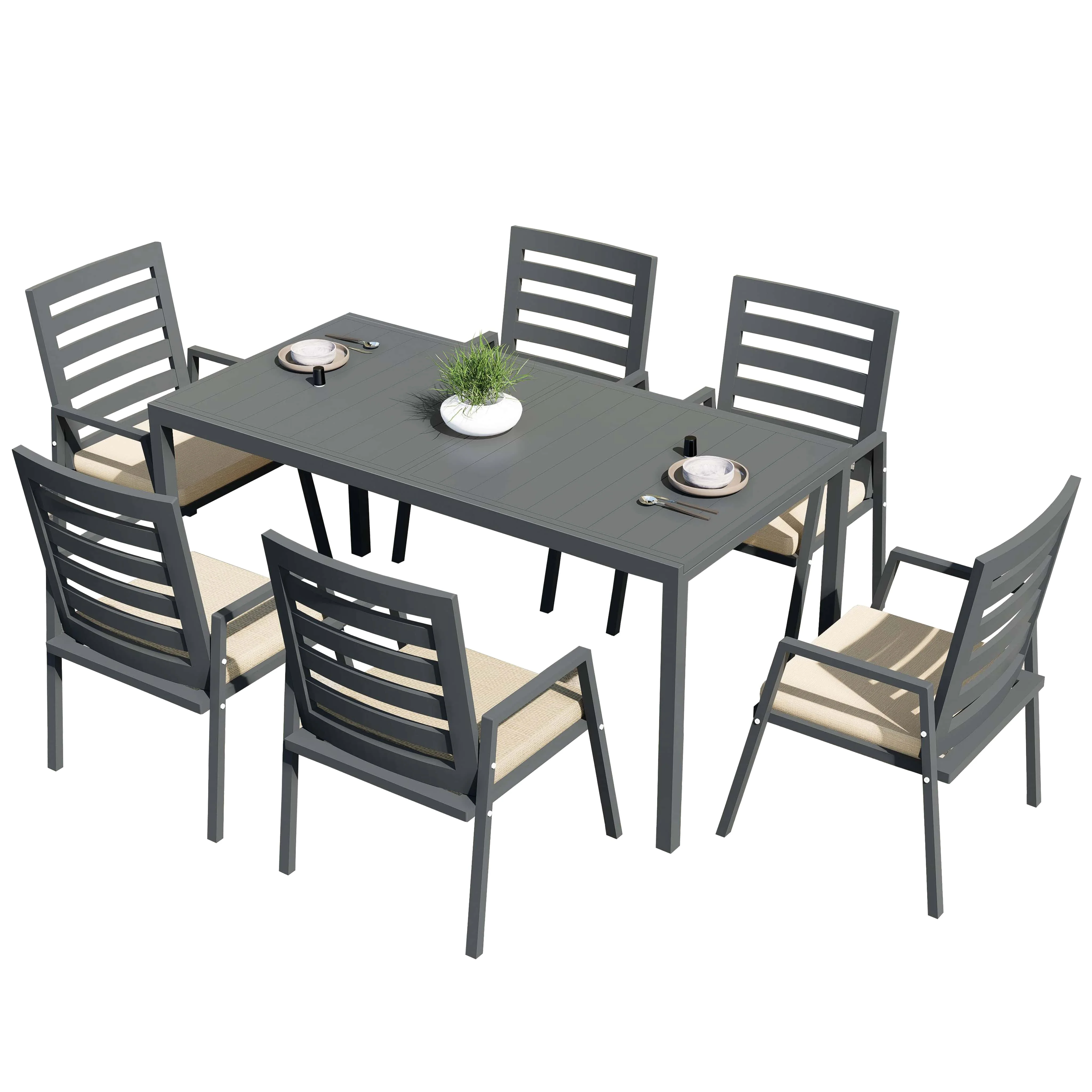 Chelsea 7-Piece Patio Dining Set 78-118" Wide Rectangular Extendable Aluminum Dining Table and 6 Dining Armchair in Beige
