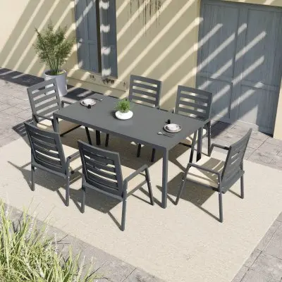 Chelsea 7-Piece Patio Dining Set 78-118" Wide Rectangular Extendable Aluminum Dining Table and 6 Dining Armchair in Beige