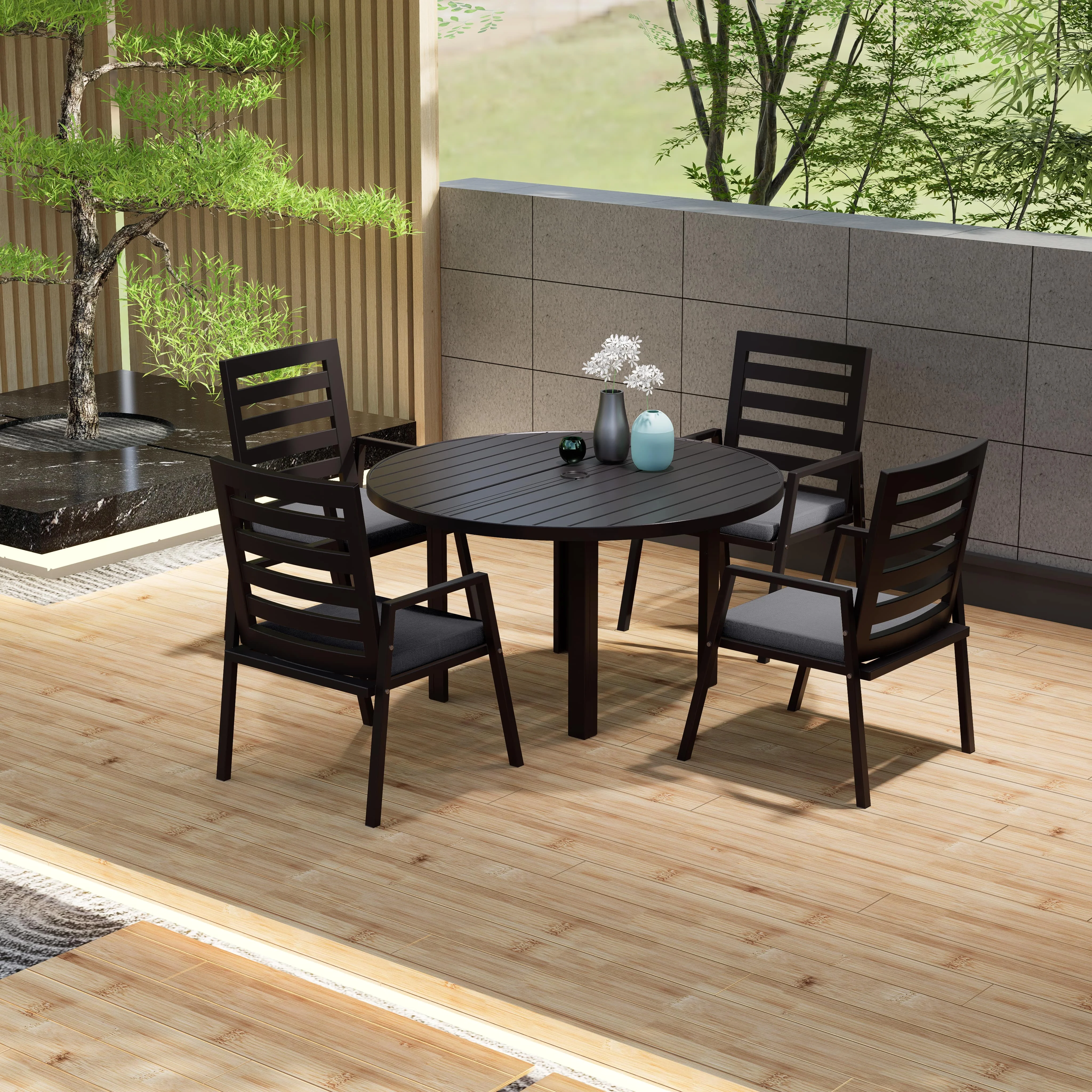 Chelsea 5-Piece Patio Dining Set with 48" Round Aluminum Dining Table and 4 Dining Armchair in Black