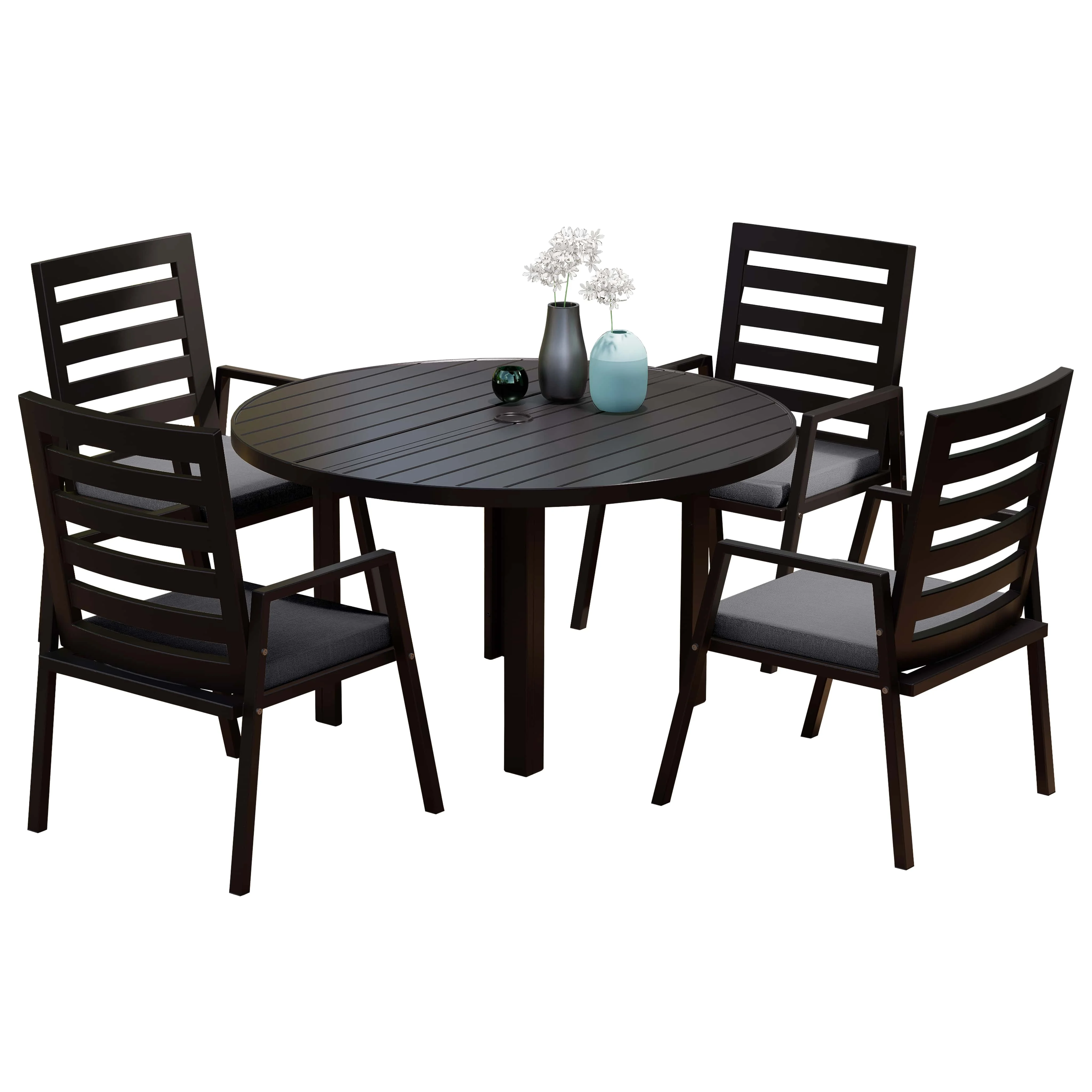 Chelsea 5-Piece Patio Dining Set with 48" Round Aluminum Dining Table and 4 Dining Armchair in Black