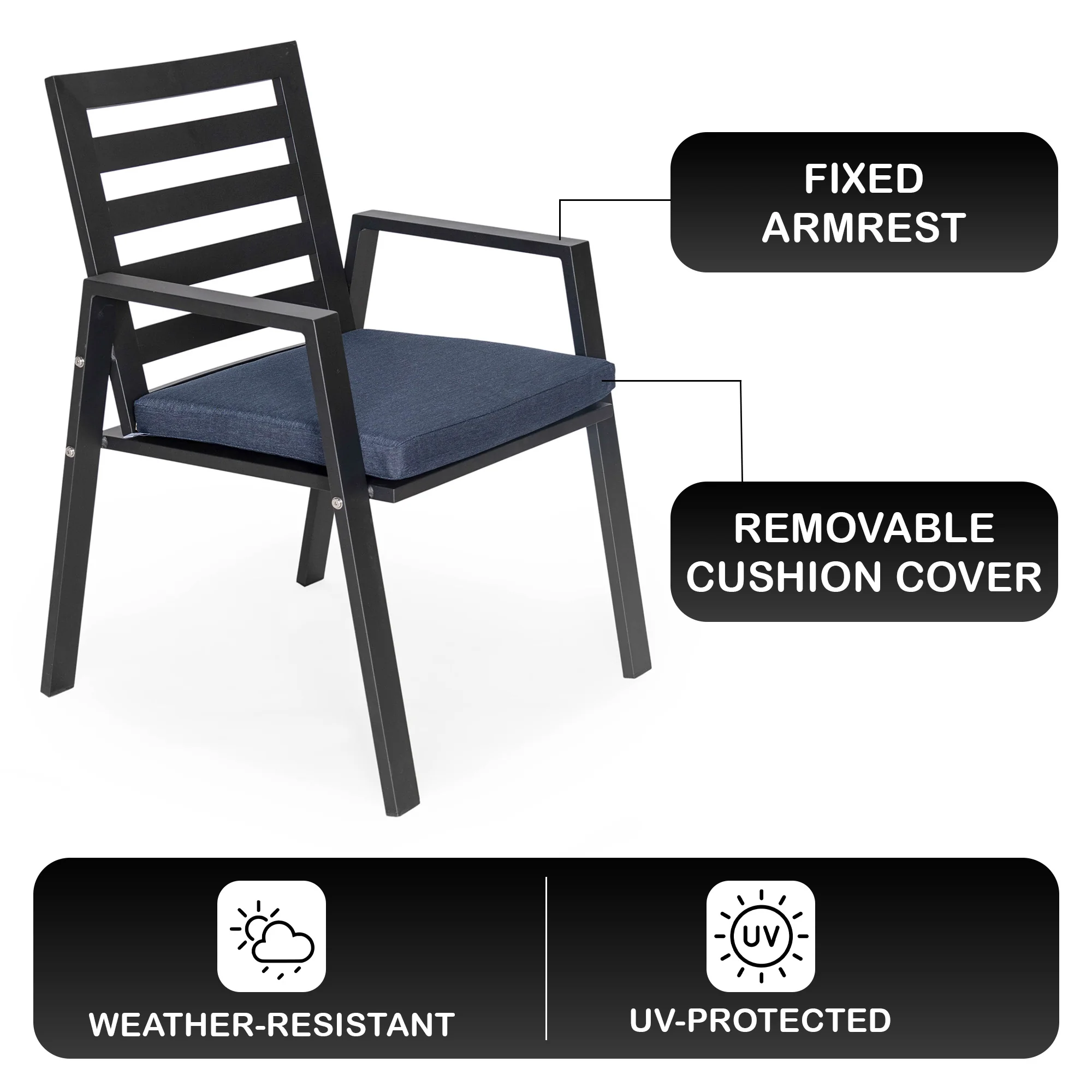 Chelsea Modern Patio Dining Armchair in Aluminum with Removable Cushions