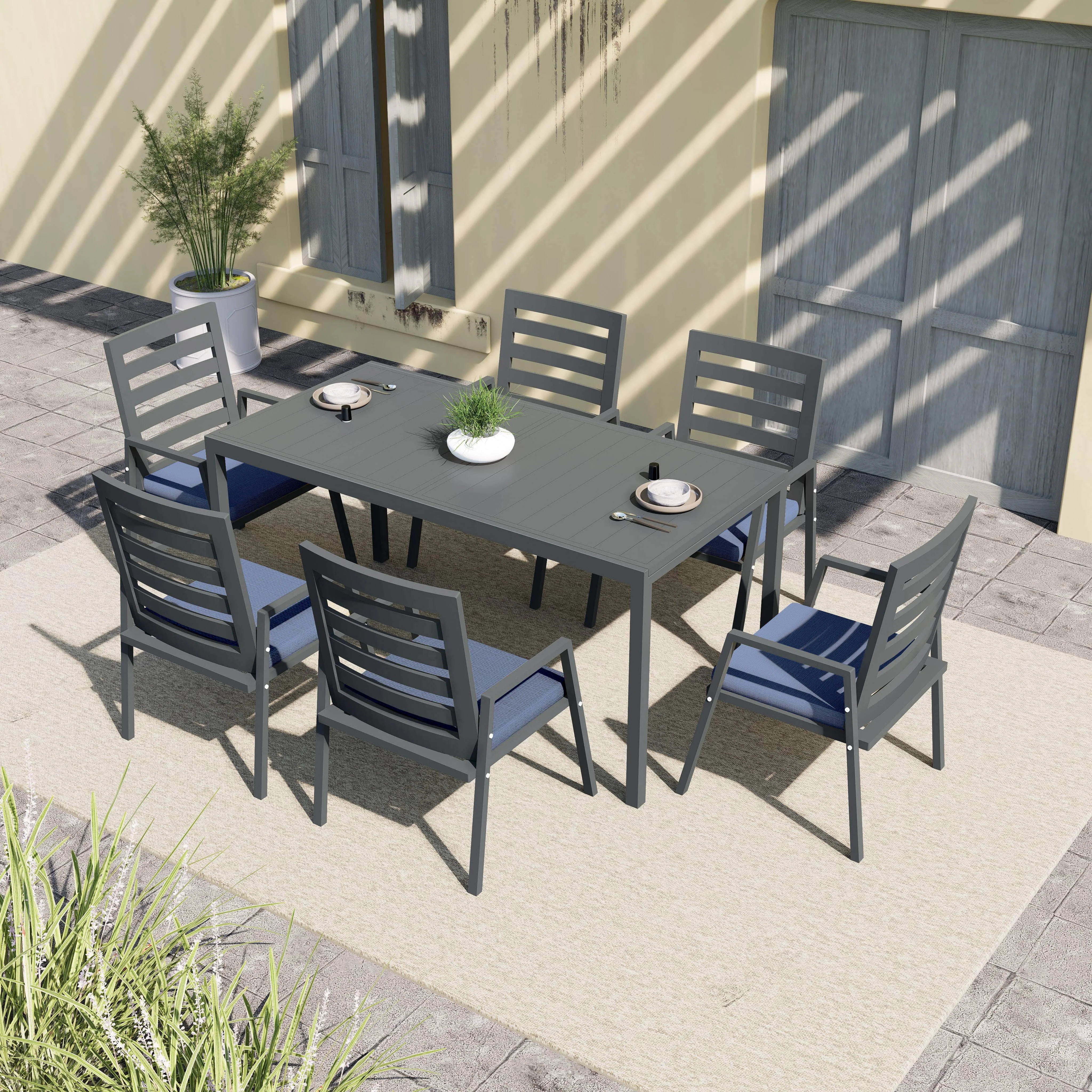 Chelsea 7-Piece Patio Dining Set 78-118" Wide Rectangular Extendable Aluminum Dining Table and 6 Dining Armchair in Charcoal Blue