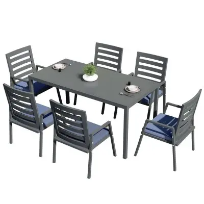 Chelsea 7-Piece Patio Dining Set 78-118" Wide Rectangular Extendable Aluminum Dining Table and 6 Dining Armchair in Charcoal Blue