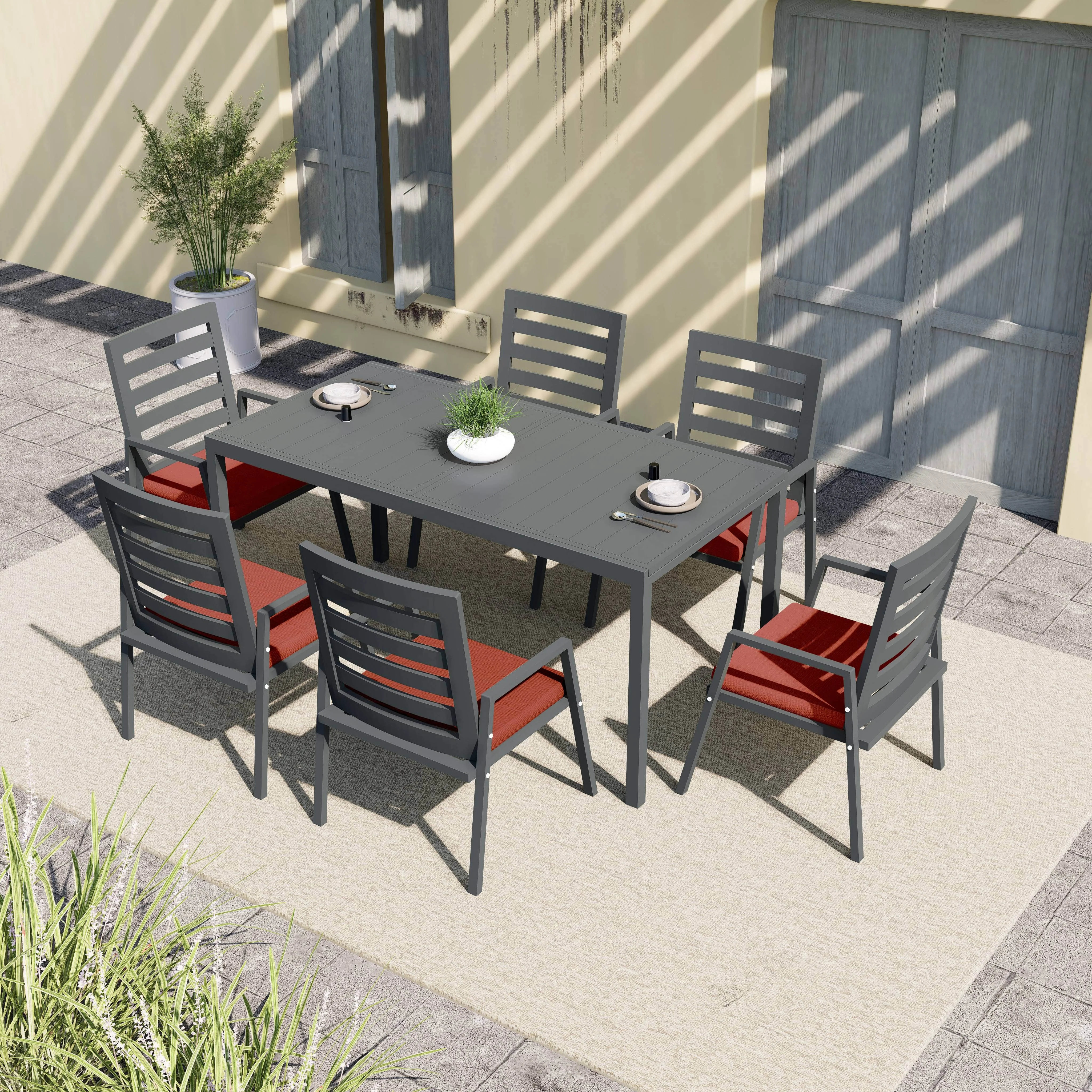Chelsea 7-Piece Patio Dining Set 78-118" Wide Rectangular Extendable Aluminum Dining Table and 6 Dining Armchair in Cherry Red