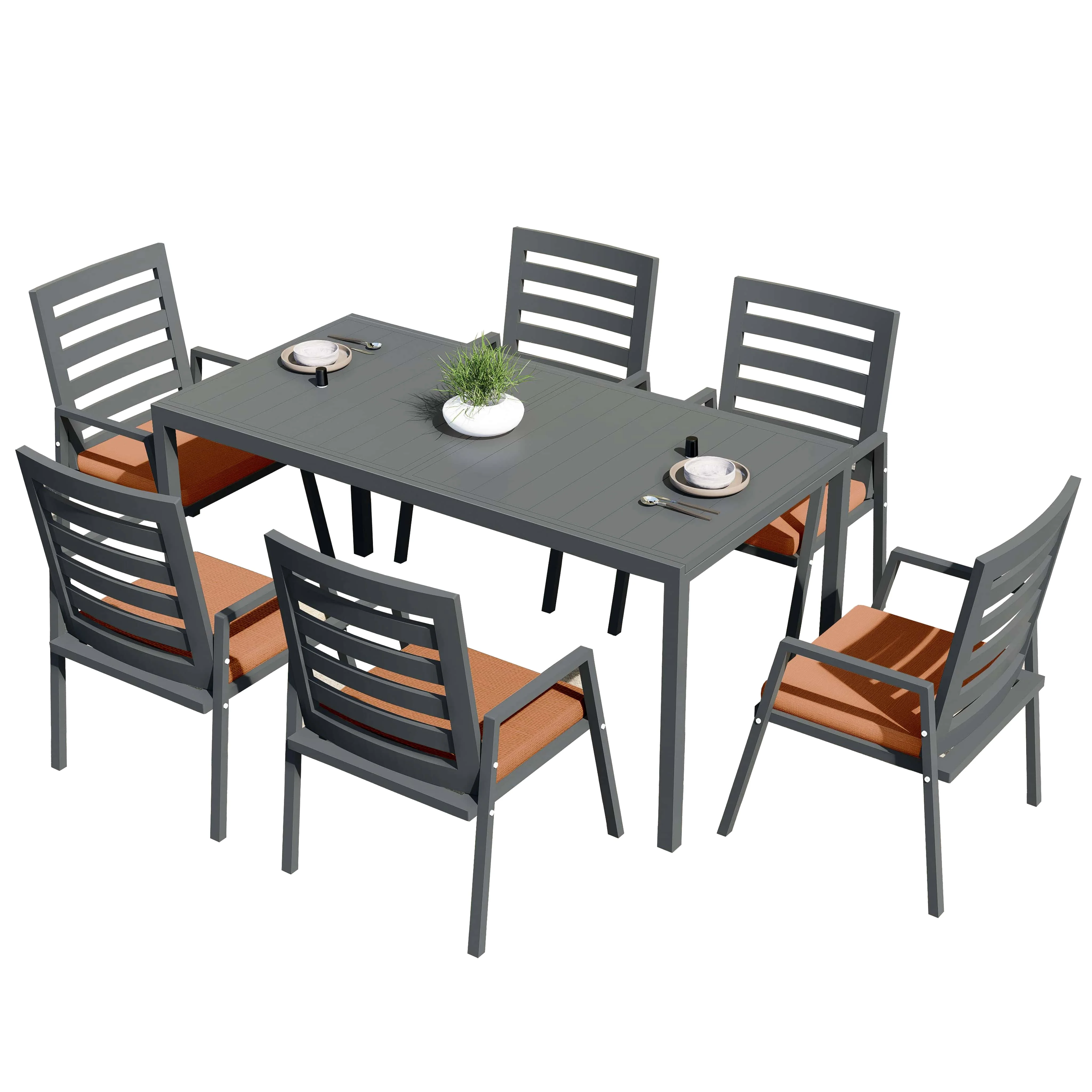 Chelsea 7-Piece Patio Dining Set 78-118" Wide Rectangular Extendable Aluminum Dining Table and 6 Dining Armchair in Orange