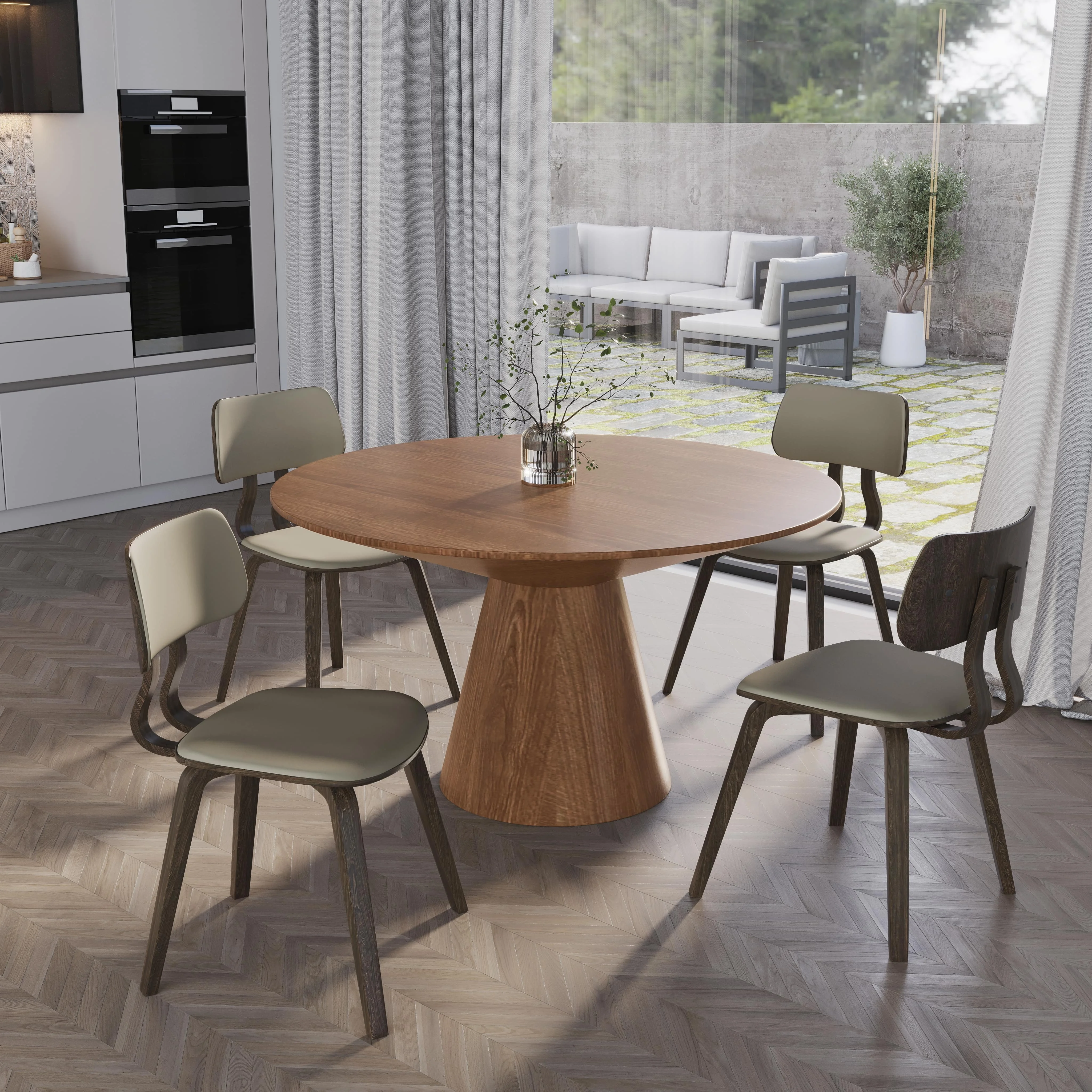 5-Piece Dining Set with Round Wooden Table in Natural Wood and 4 Leather Dining Chairs in Dark Walnut/Taupe