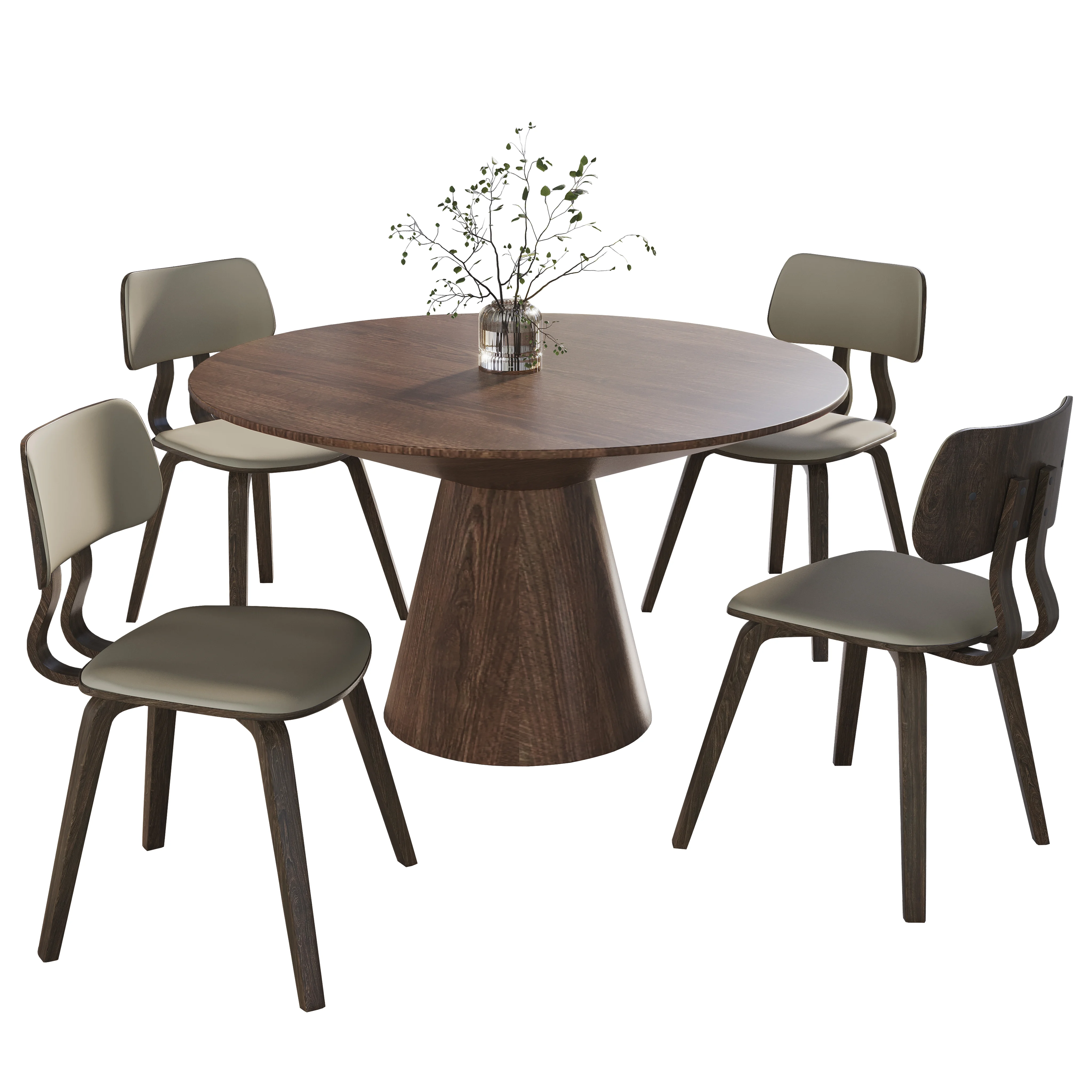 5-Piece Dining Set with Round Wooden Table in Walnut and 4 Leather Dining Chairs in Dark Walnut/Taupe