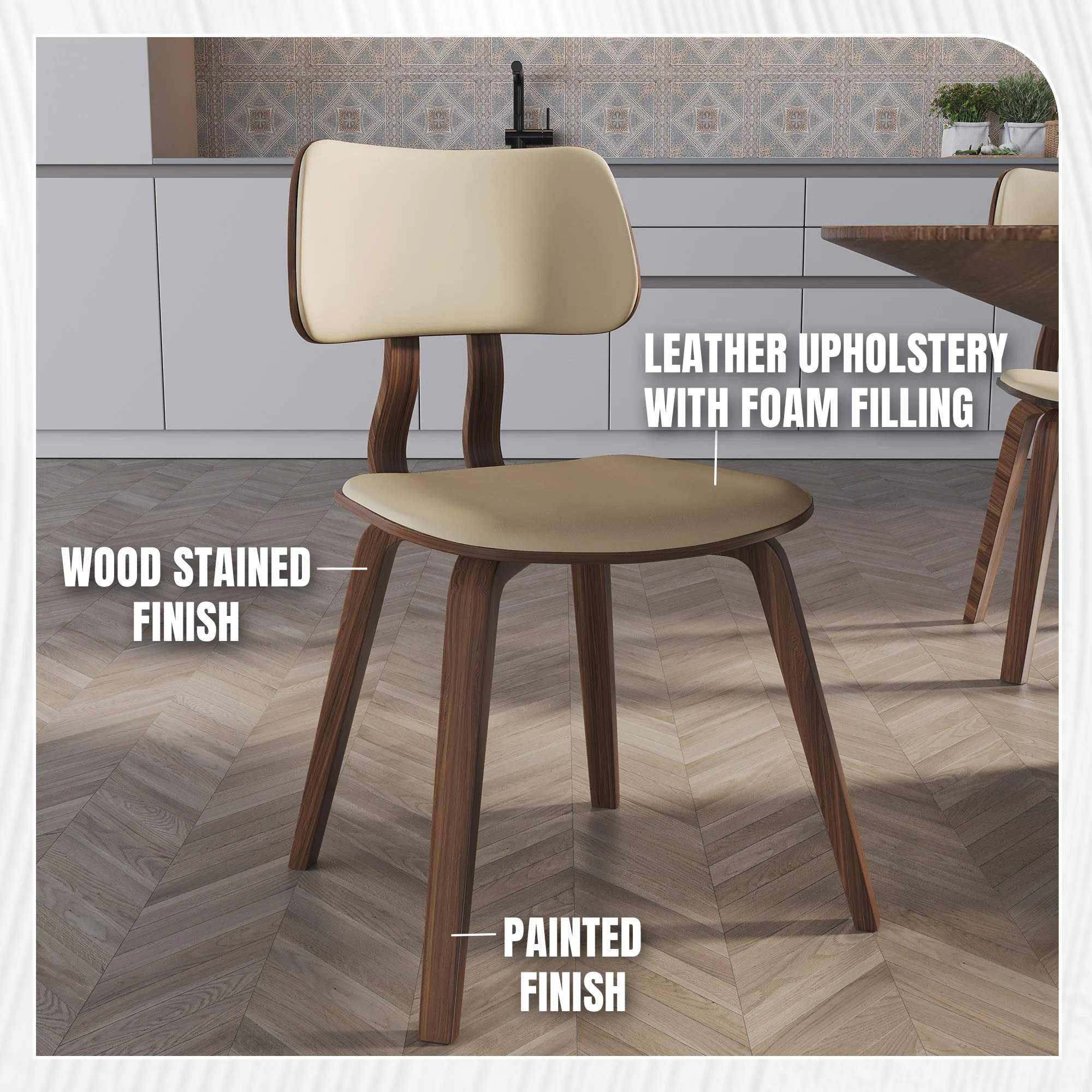 Modern Wooden Dining Chair, Walnut Color Frame in Cream, Clivo Collection By LeisrueMod