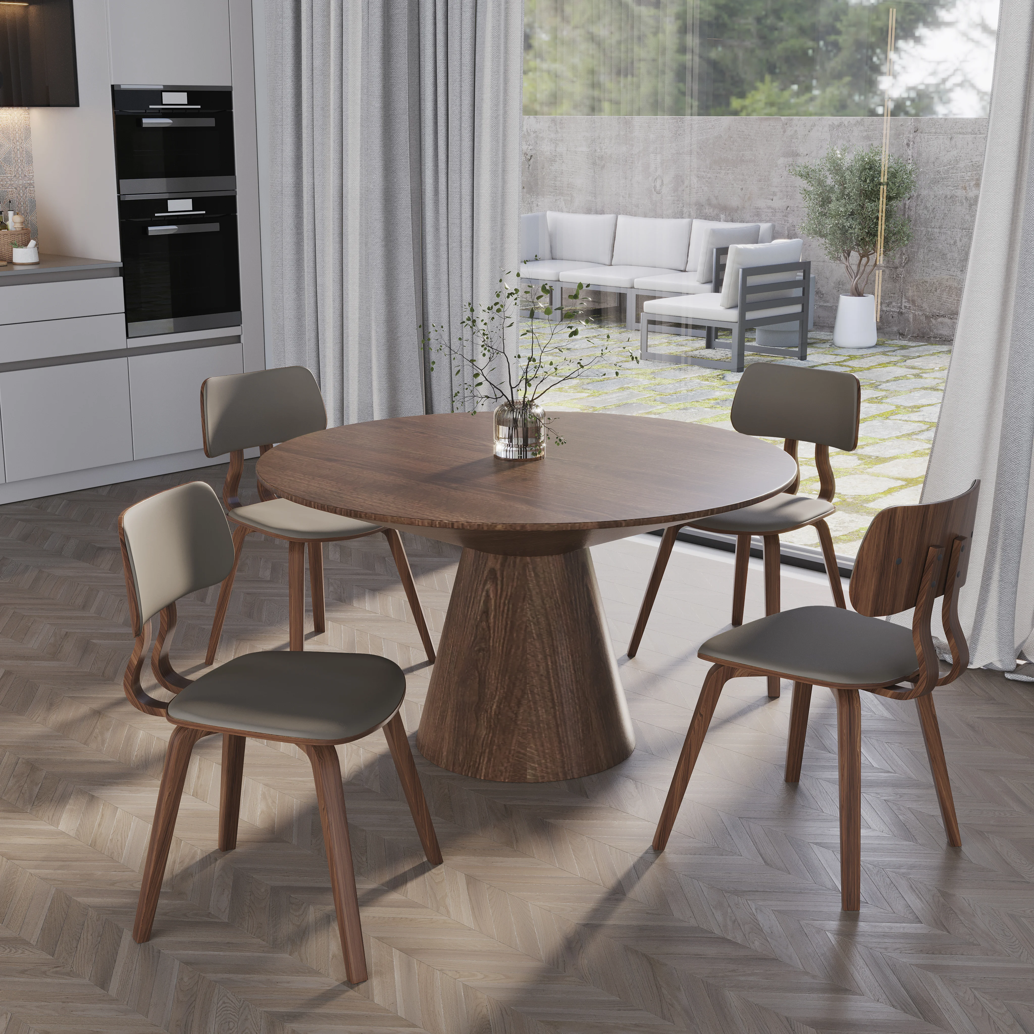 Modern Wooden Dining Chair, Walnut Color Frame in Light Grey, Clivo Collection By LeisrueMod