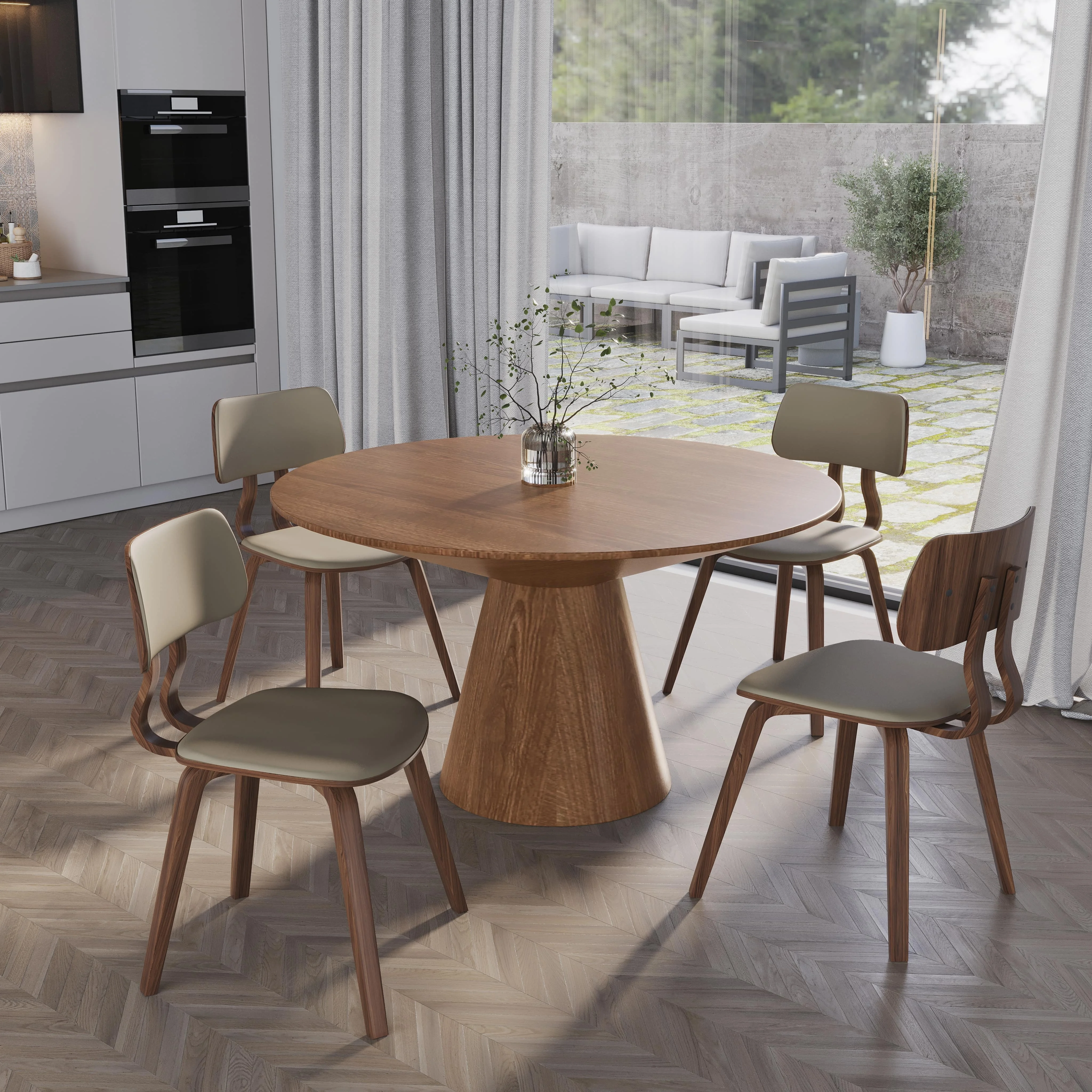 5-Piece Dining Set with Round Wooden Table in Natural Wood and 4 Leather Dining Chairs in Walnut/Light Brown