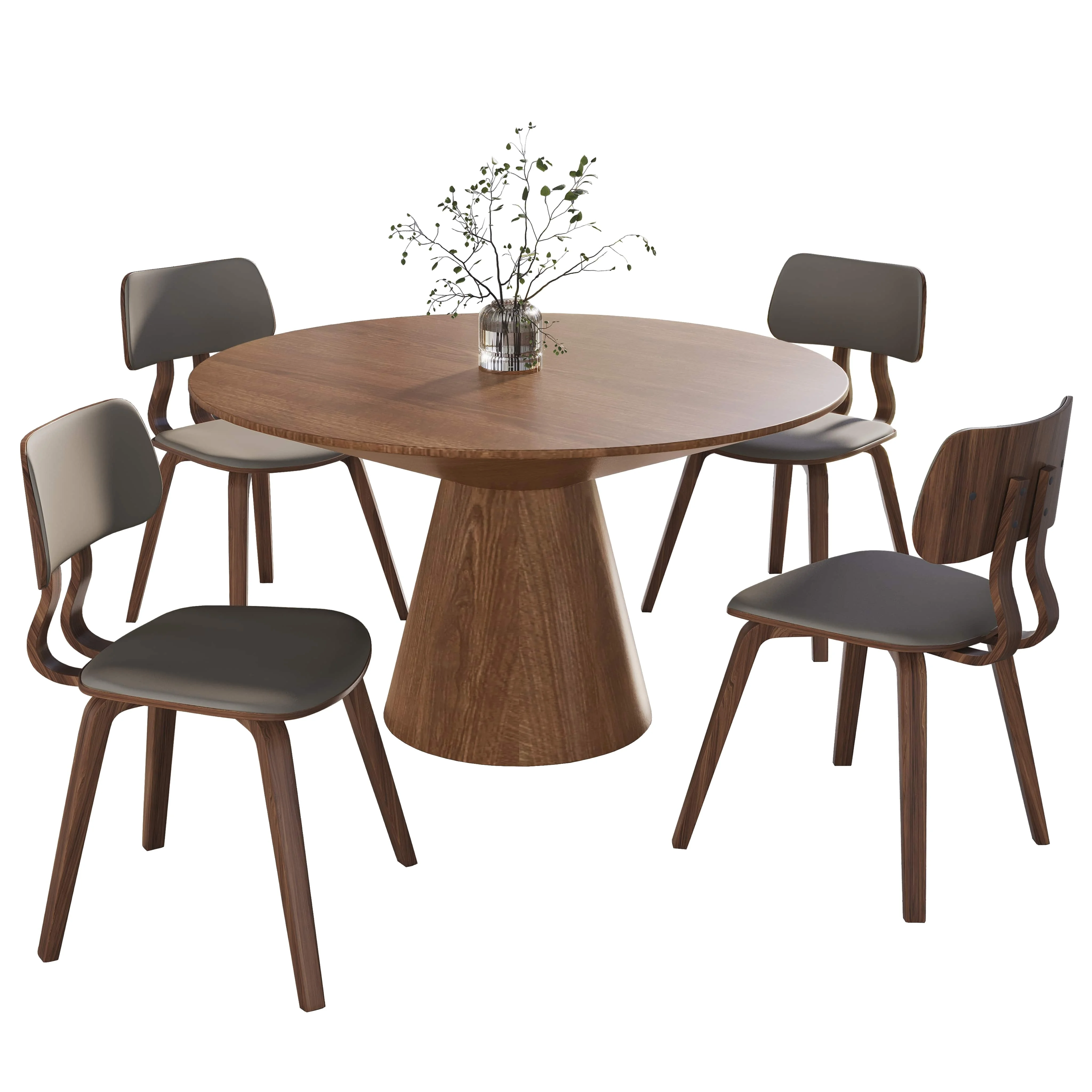 5-Piece Dining Set with Round Wooden Table in Natural Wood and 4 Leather Dining Chairs in Walnut/Light Grey