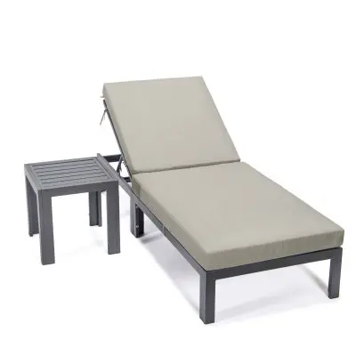 Chelsea Modern Outdoor Chaise Lounge Chair With Side Table & Cushions