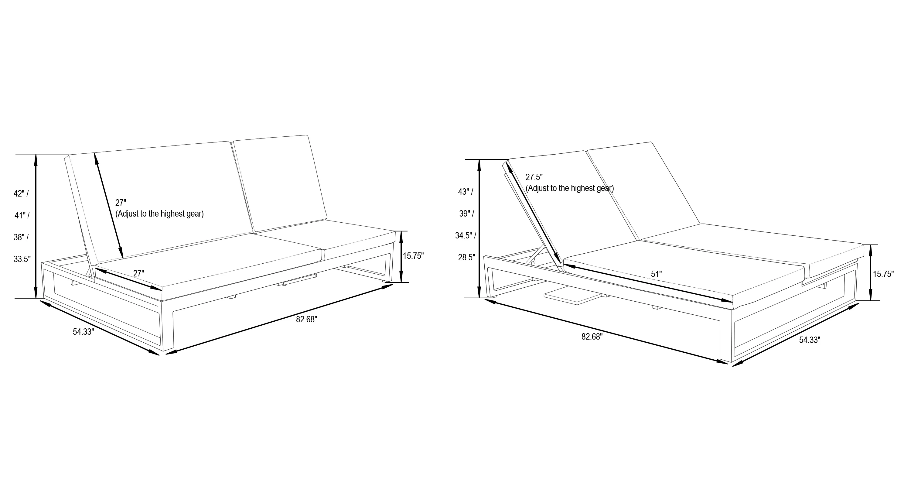 Chelsea Convertible Lounge Reclining Double Chaise With Cushions
