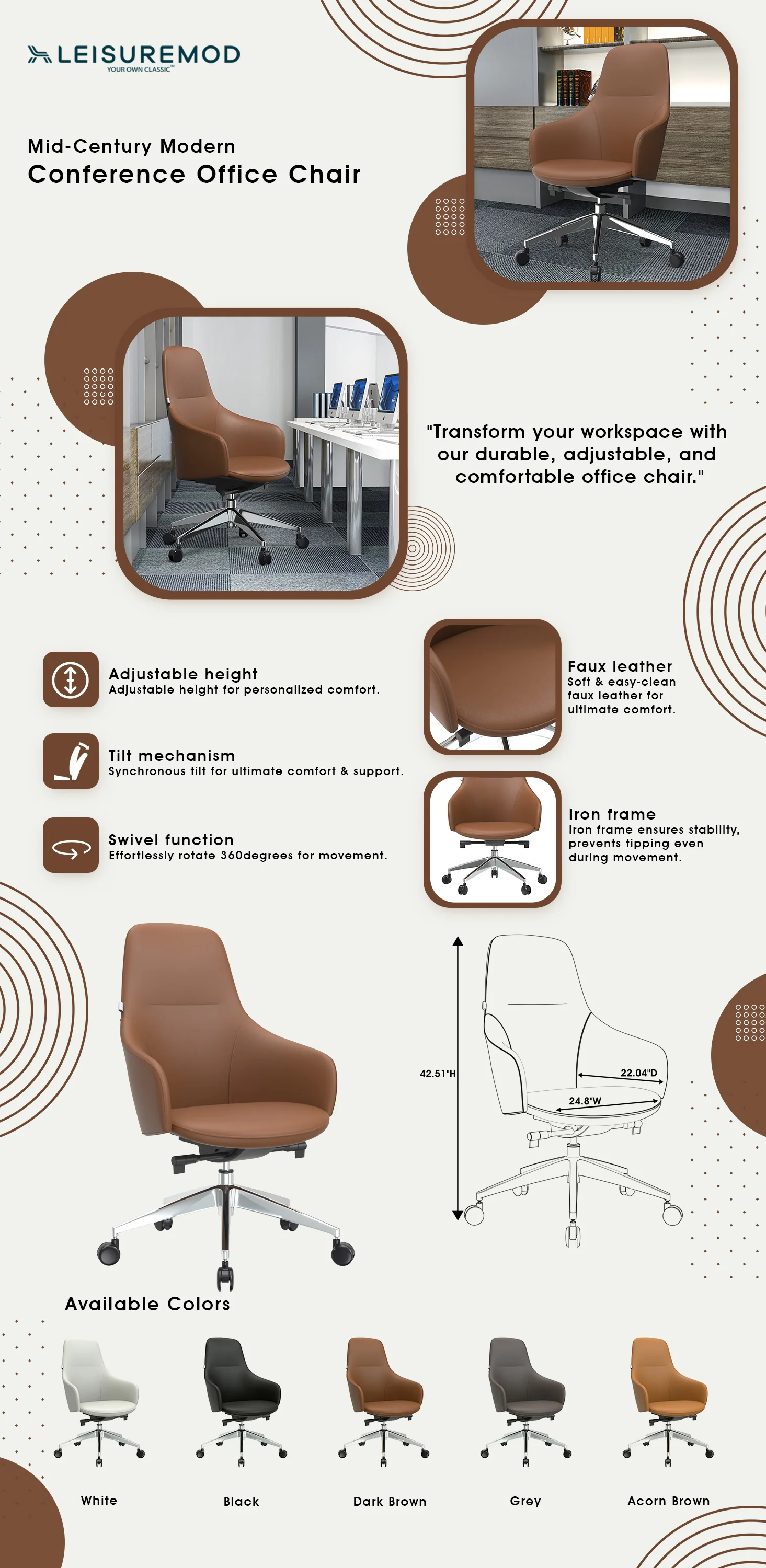 Celeste Series Office Chair in Dark Brown Leather