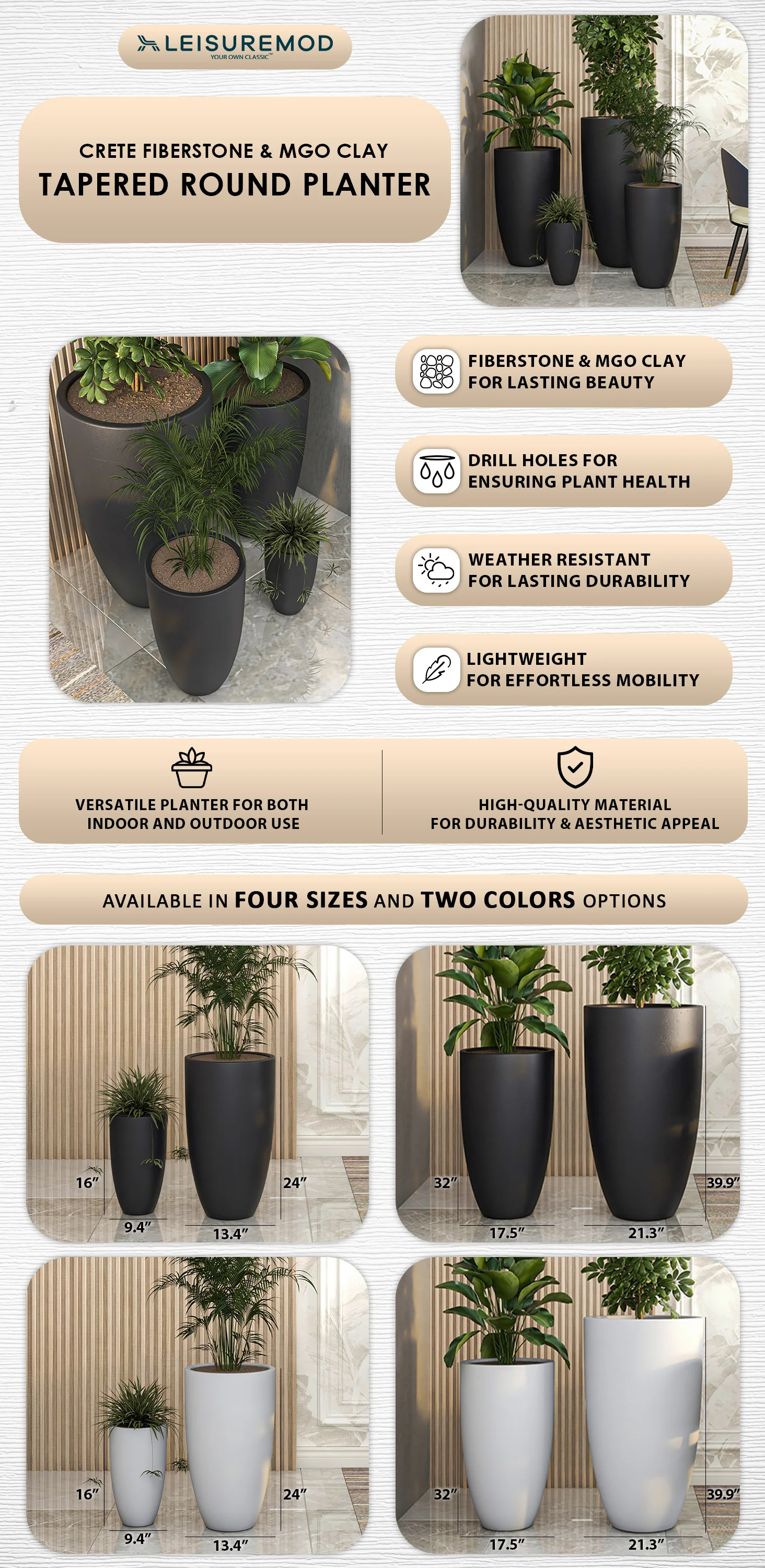 Crete Series Fiberstone Planter Set in Black