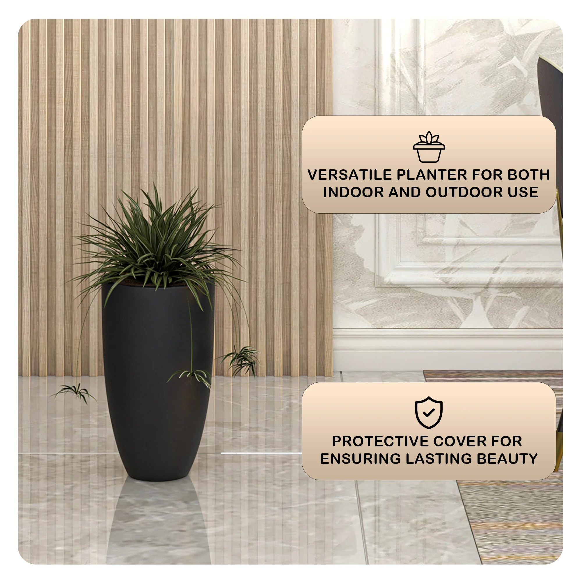 Crete Series Poly Stone Planter in Black 9.5 Dia, 15.7 High