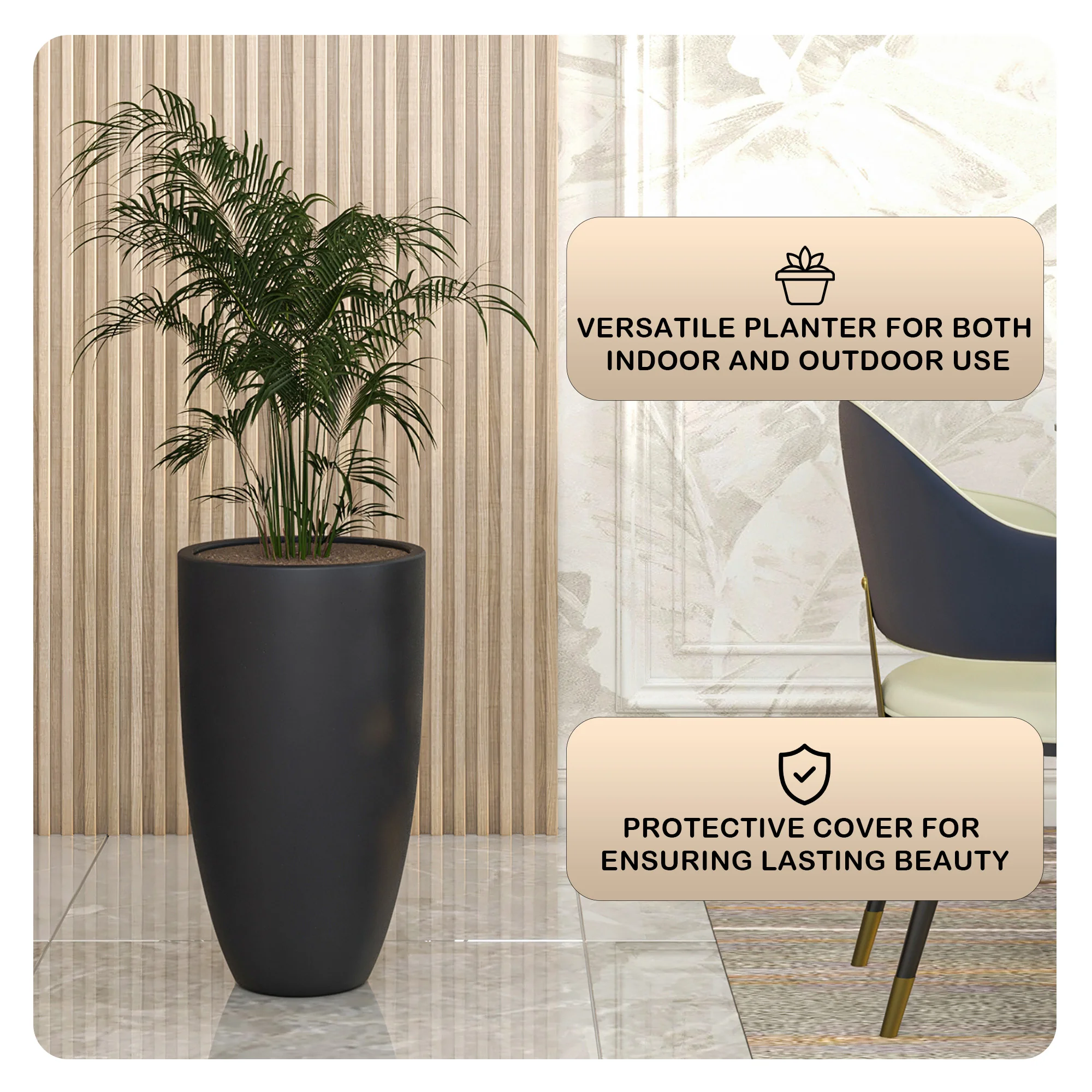 Crete Series Poly Stone Planter in Black 13.4 Dia, 23.6 High