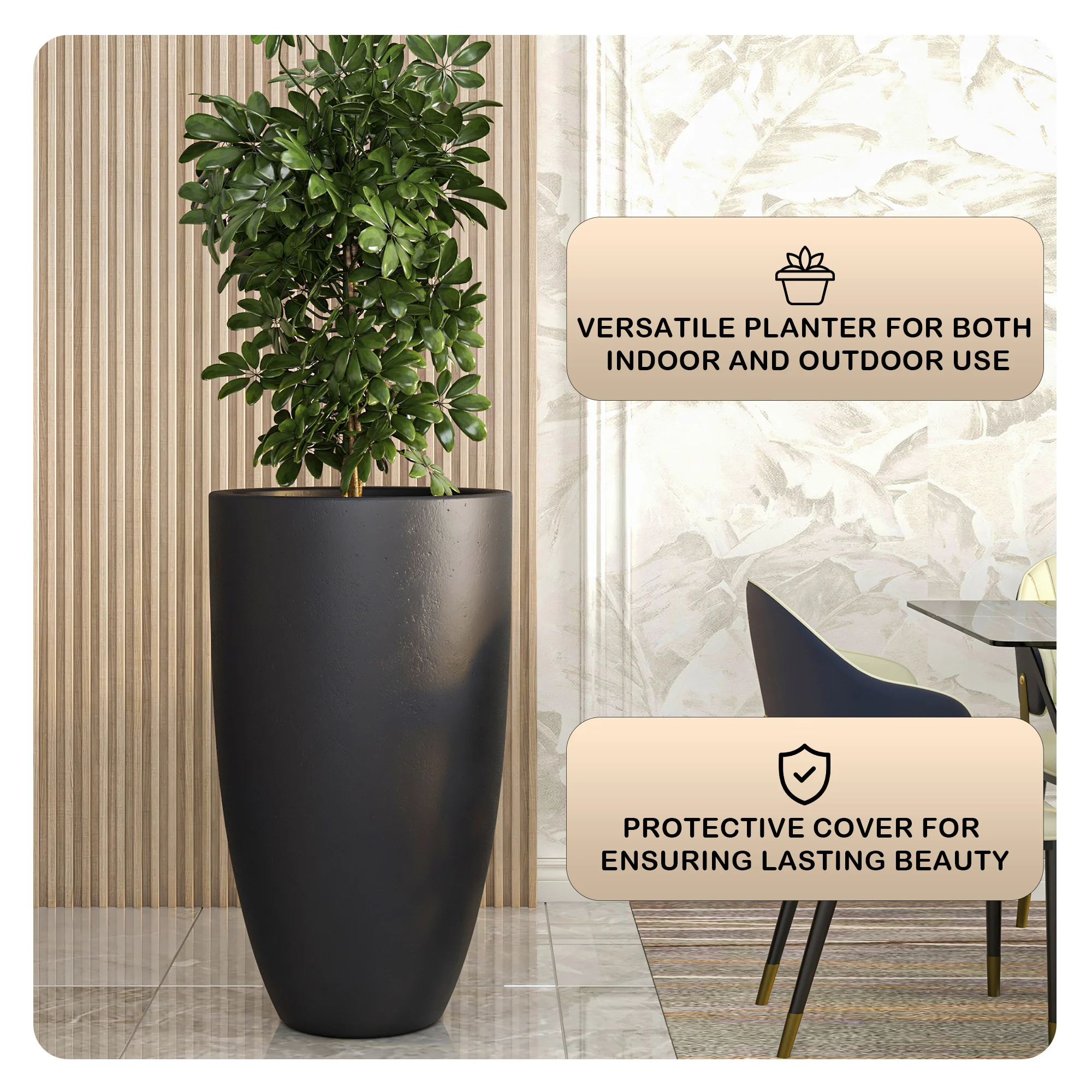 Crete Series Poly Stone Planter in Black 21.3 Dia, 39.4 High