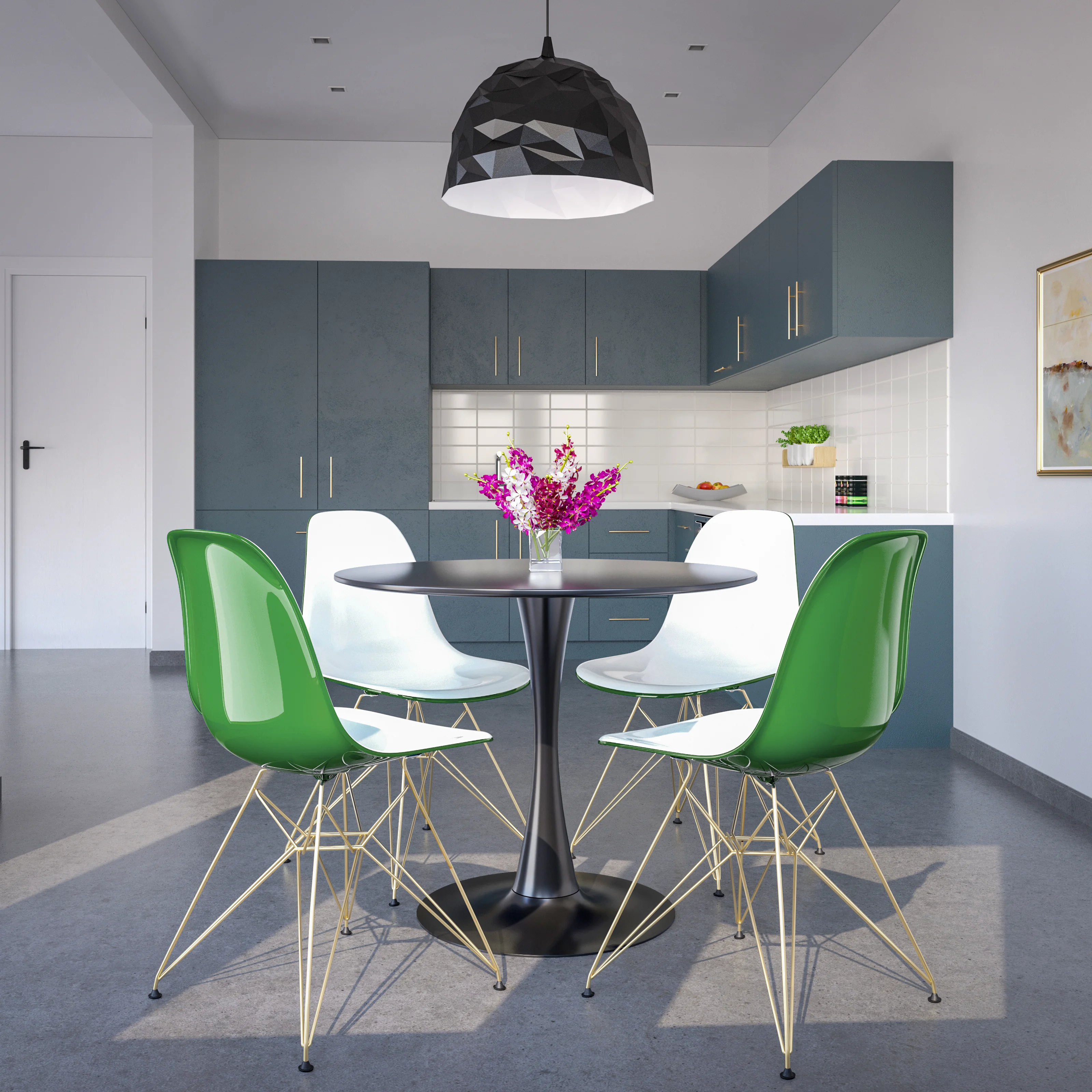 Cresco Molded 2-Tone Eiffel Side Chair with Gold Base in White Green Set of 4