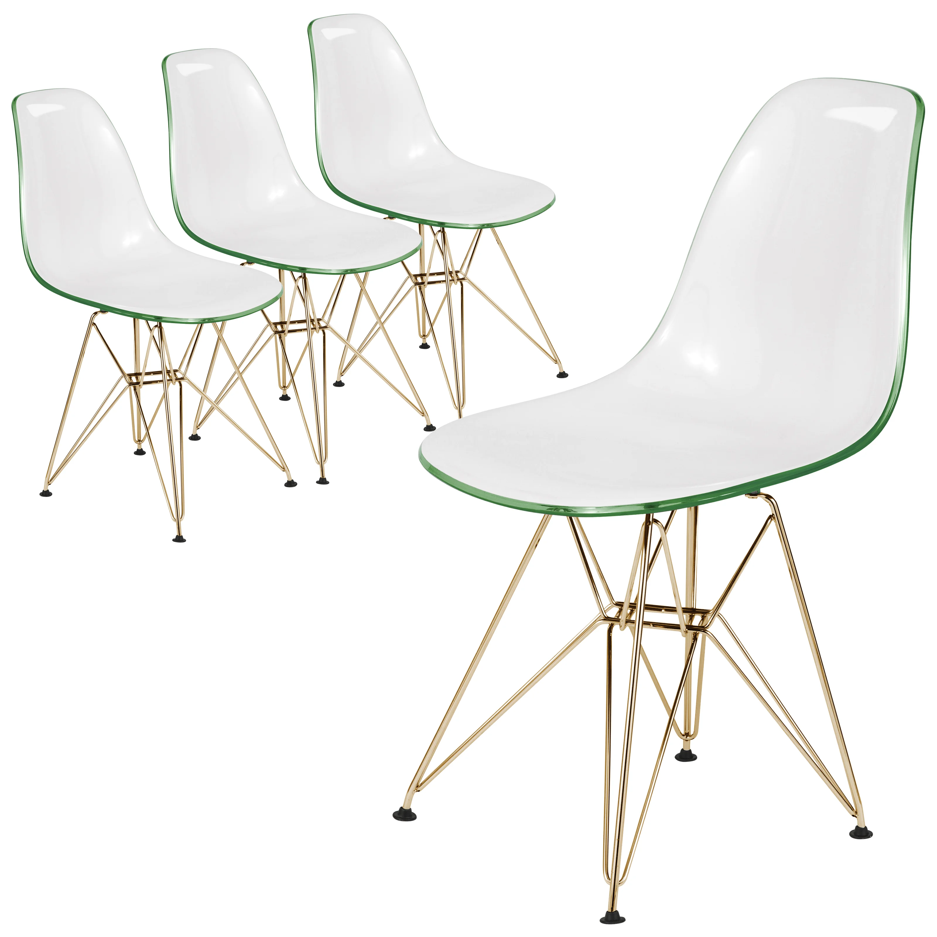 Cresco Molded 2-Tone Eiffel Side Chair with Gold Base in White Green Set of 4
