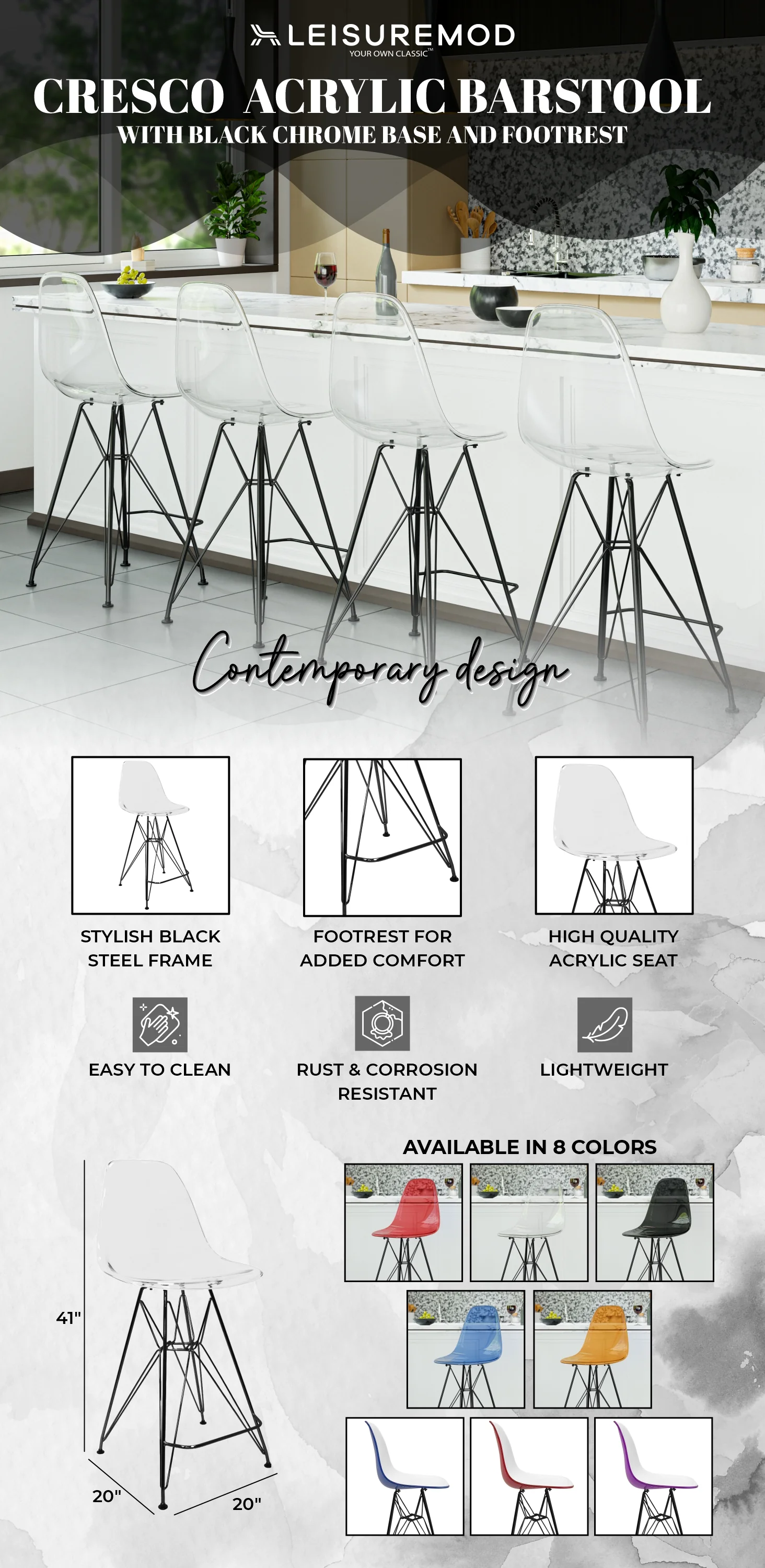 Modern Acrylic Bar stool Cresco Collection Black Base with Clear seat