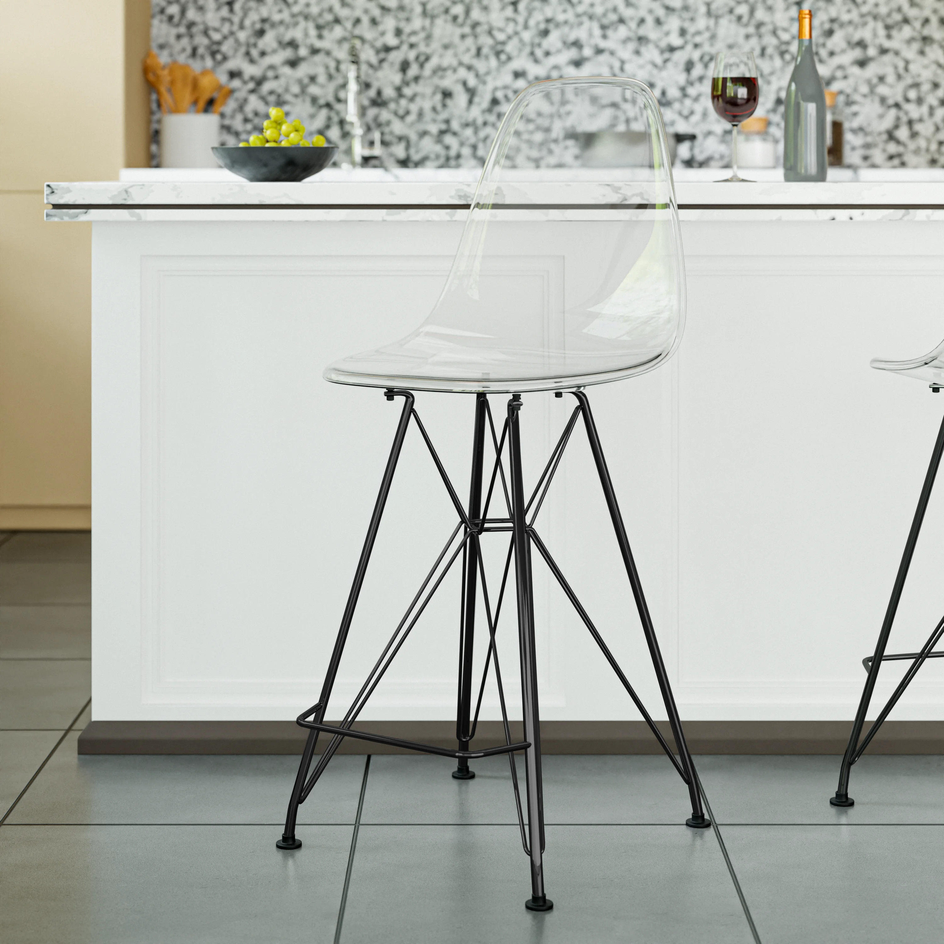 Modern Acrylic Bar stool Cresco Collection Black Base with Clear seat