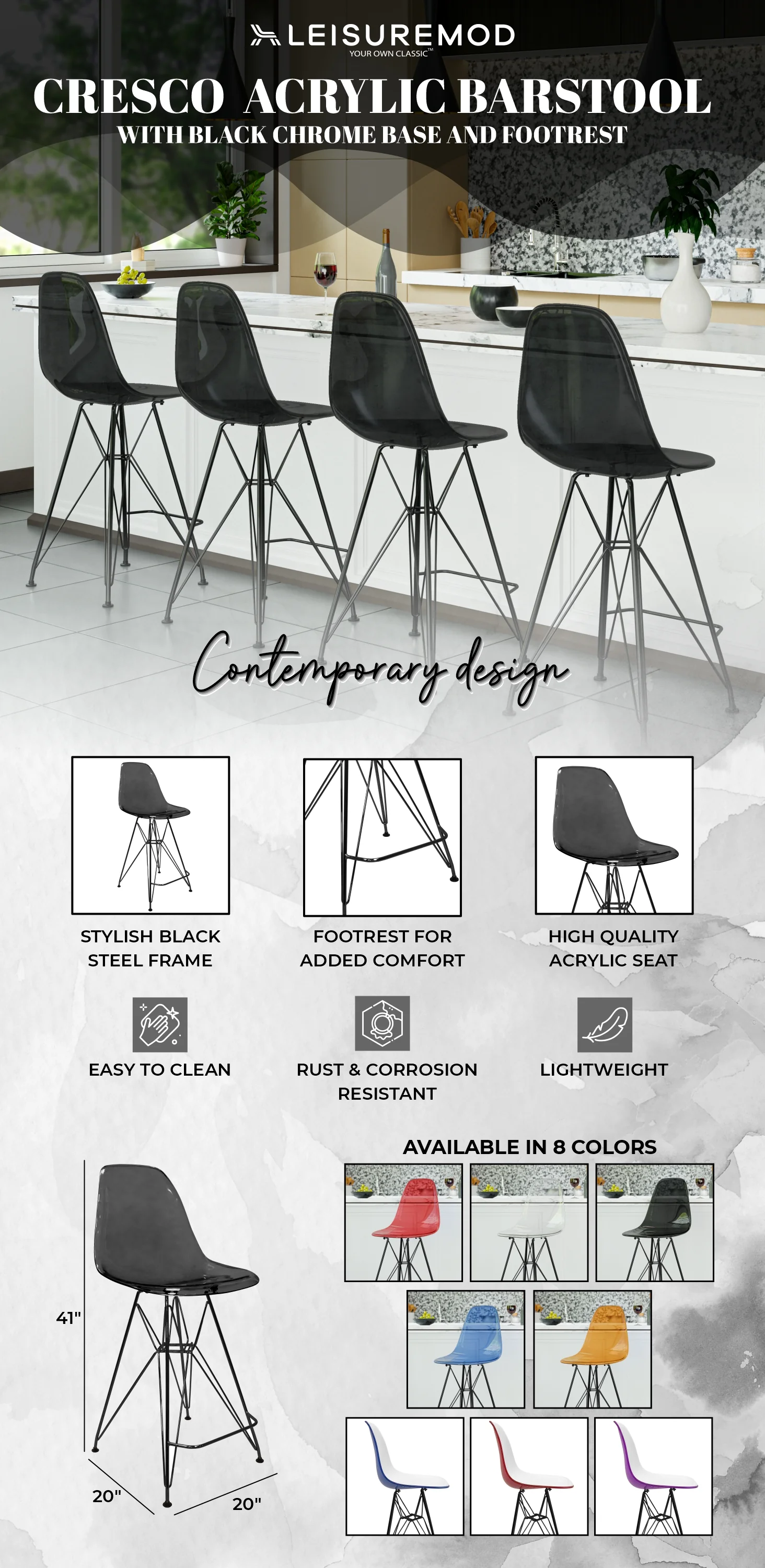 Modern Acrylic Bar stool Cresco Collection Black Base with Trans Black seat