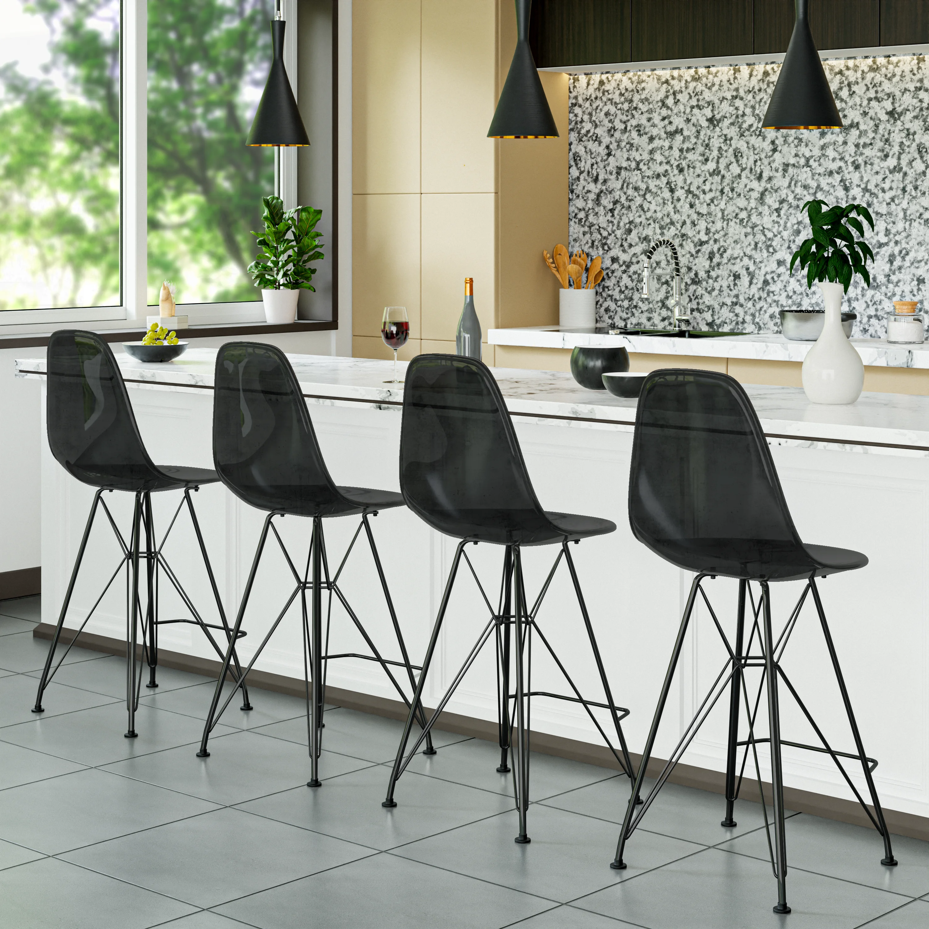 Modern Acrylic Bar stool Cresco Collection Black Base with Trans Black seat