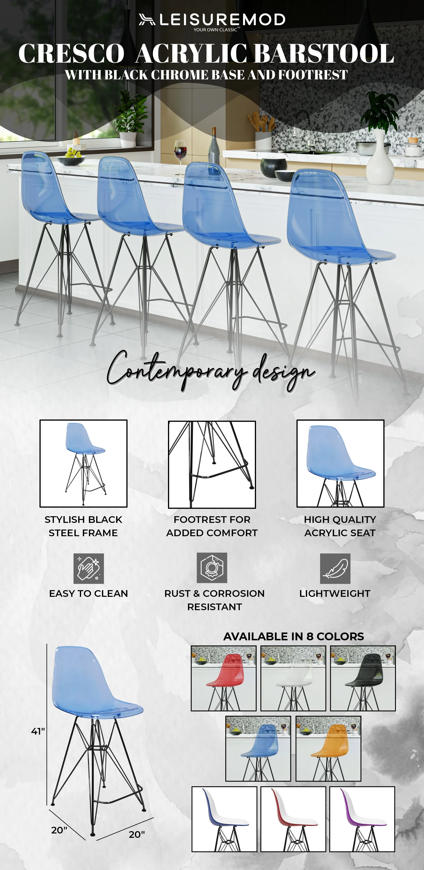 Modern Acrylic Bar stool Cresco Collection Black Base with Trans Blue seat