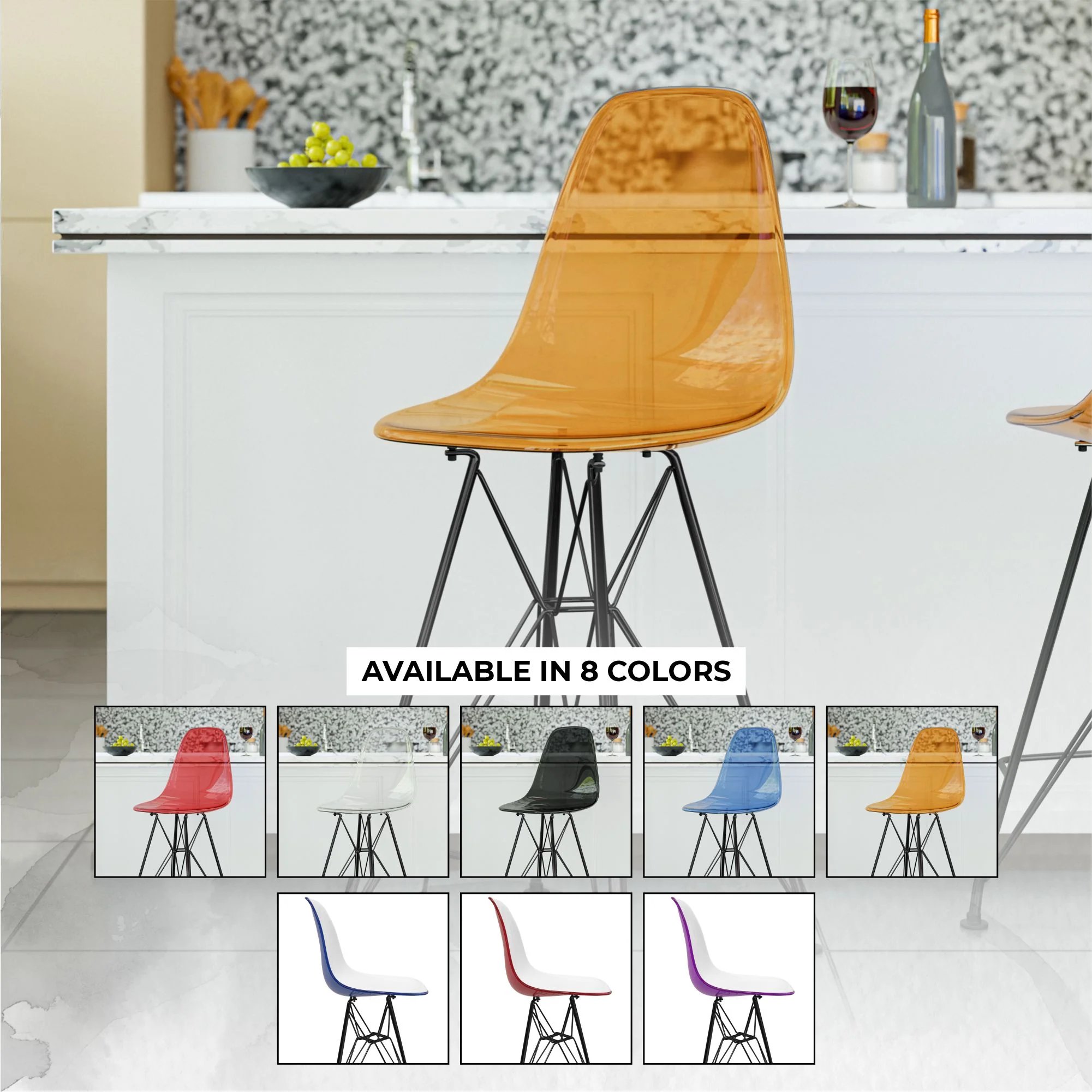 Modern Acrylic Bar stool Cresco Collection Black Base with Trans Orange seat