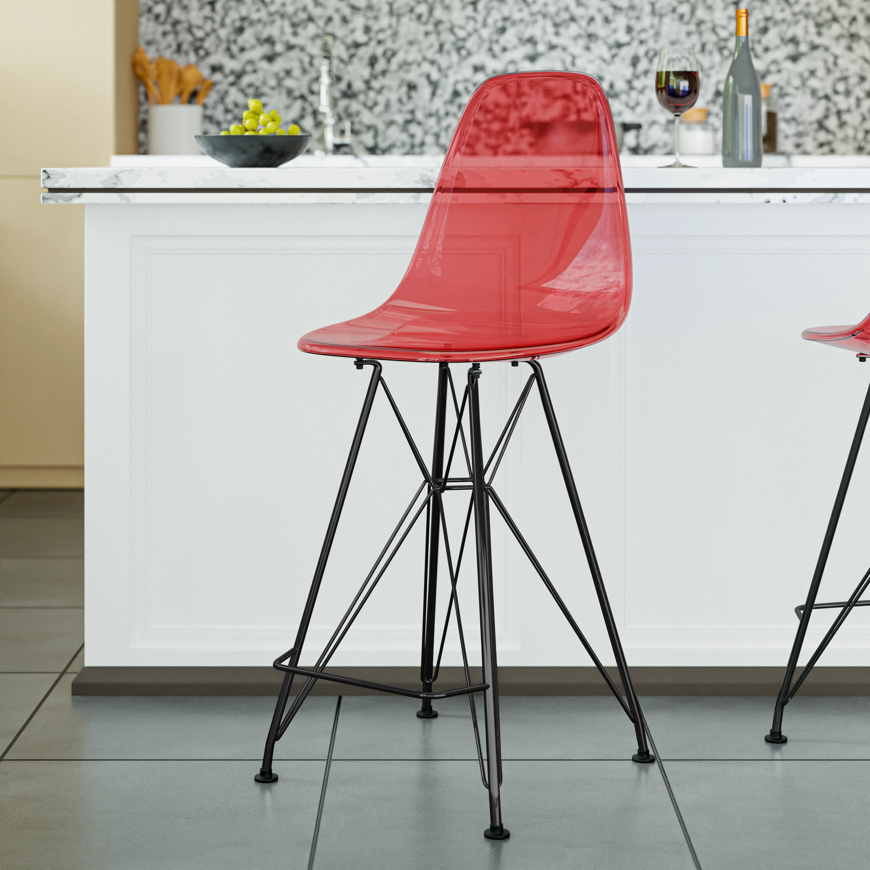 Modern Acrylic Bar stool Cresco Collection Black Base with Trans Red seat