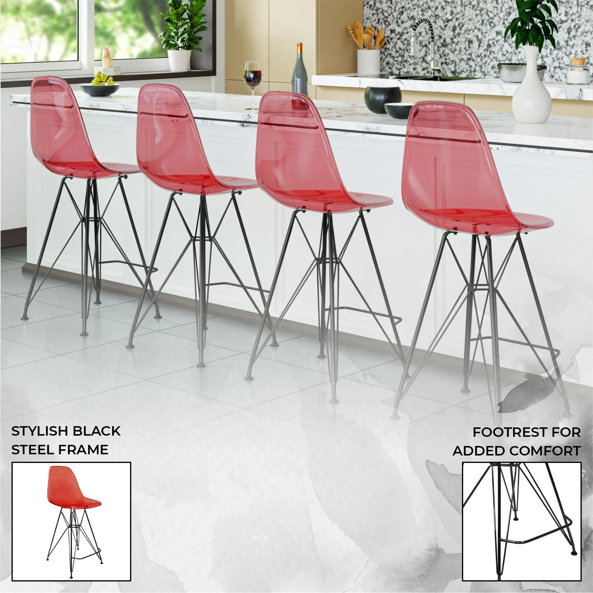 Modern Acrylic Bar stool Cresco Collection Black Base with Trans Red seat