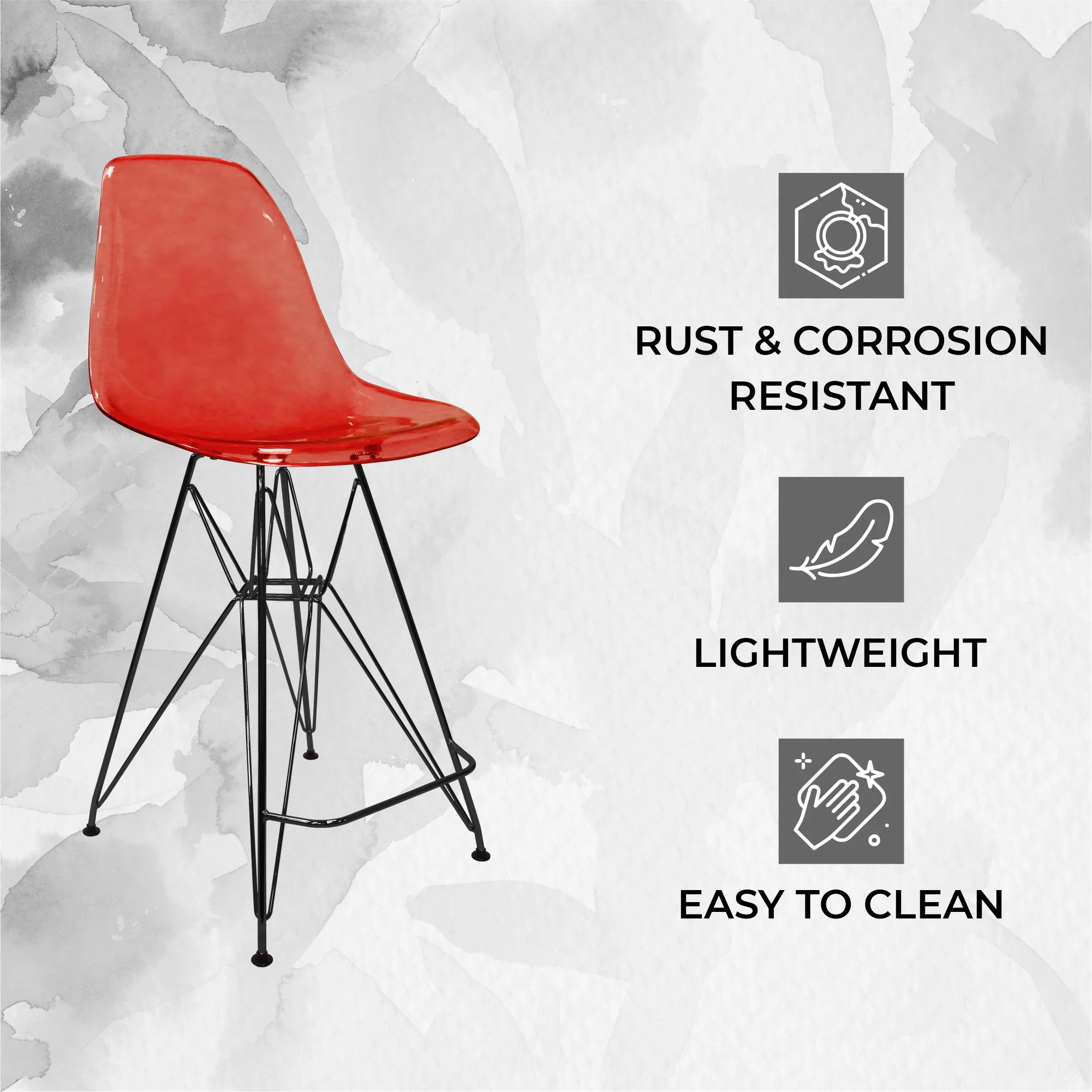 Modern Acrylic Bar stool Cresco Collection Black Base with Trans Red seat