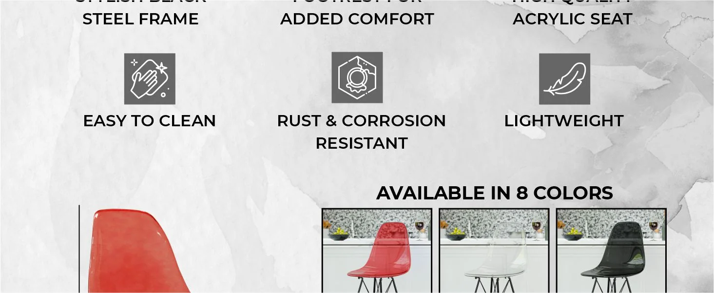 Modern Acrylic Bar stool Cresco Collection Black Base with Trans Red seat