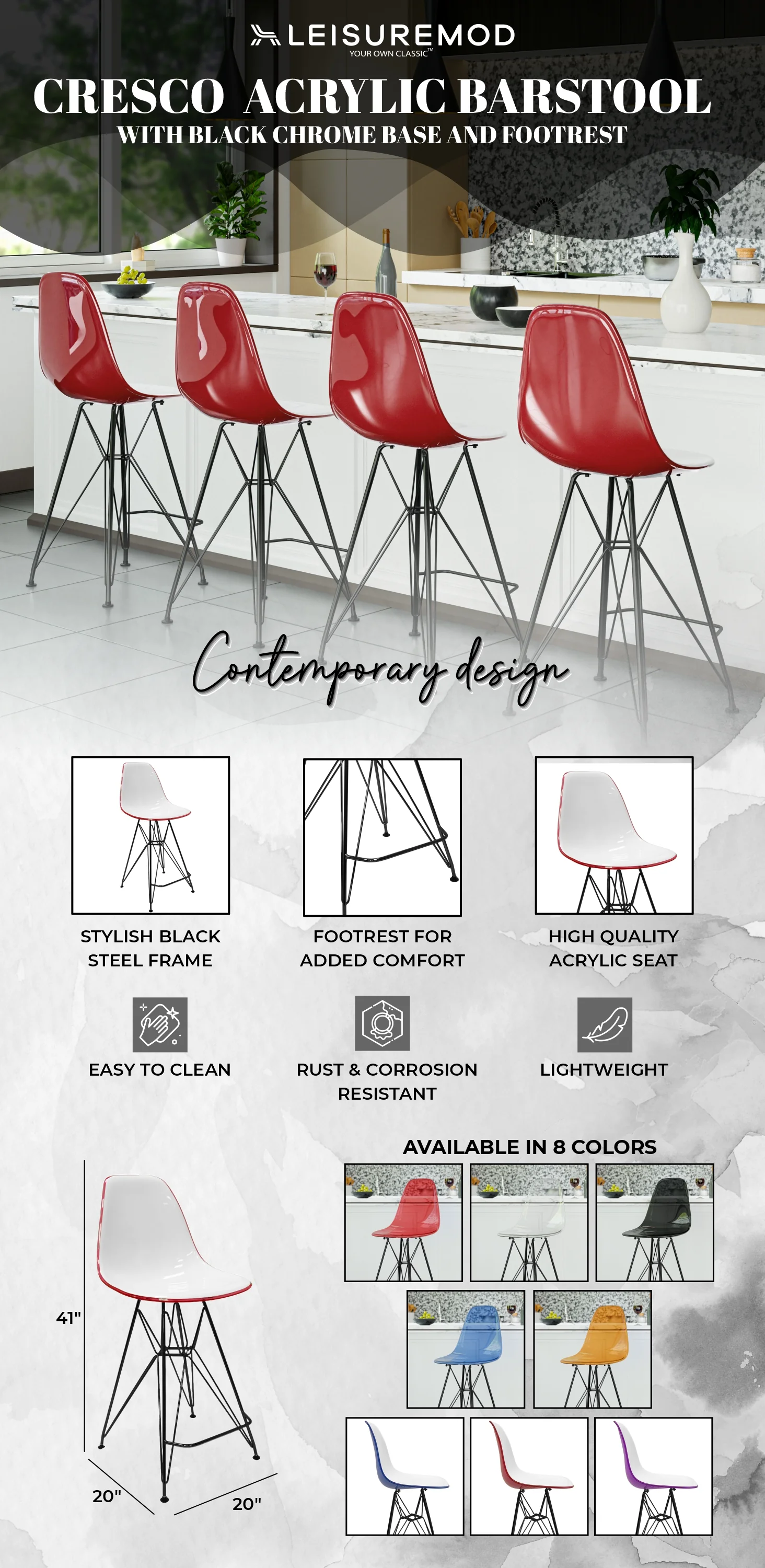 Modern Acrylic Bar stool Cresco Collection Black Base with White/Red seat