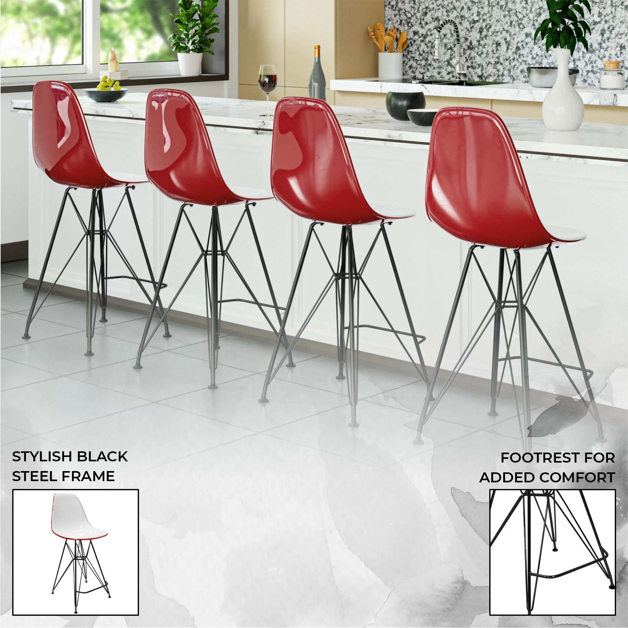 Modern Acrylic Bar stool Cresco Collection Black Base with White/Red seat