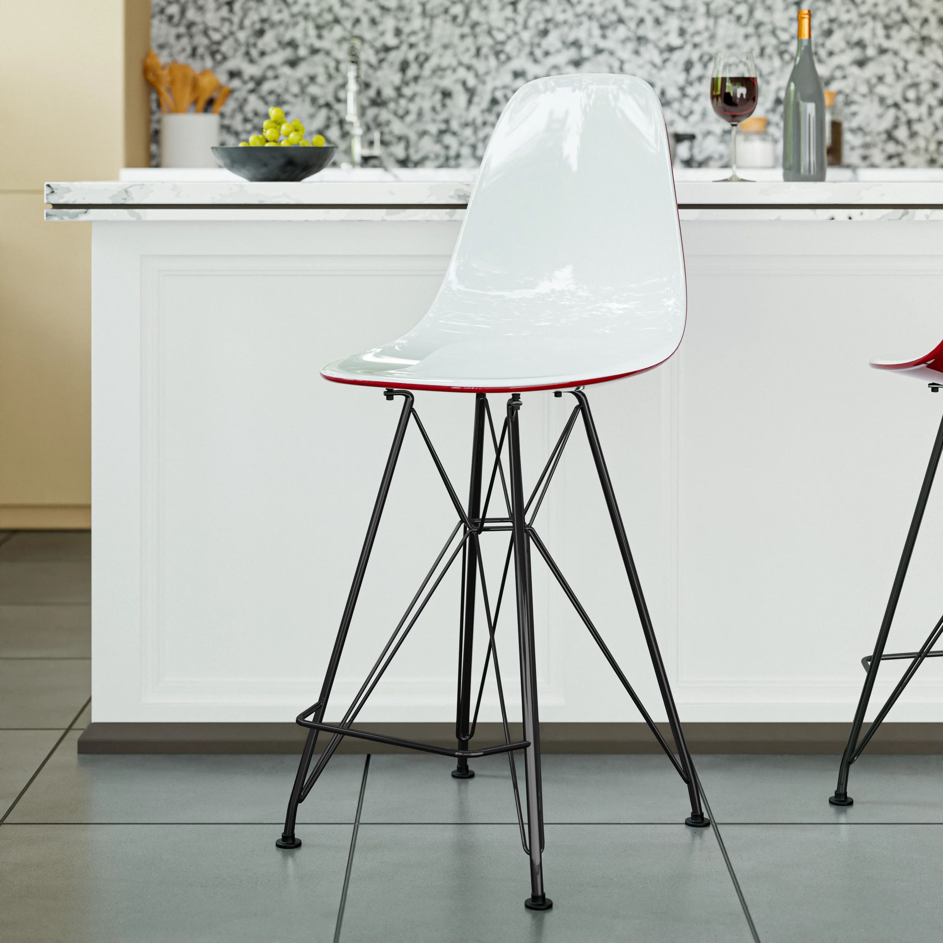 Modern Acrylic Bar stool Cresco Collection Black Base with White/Red seat