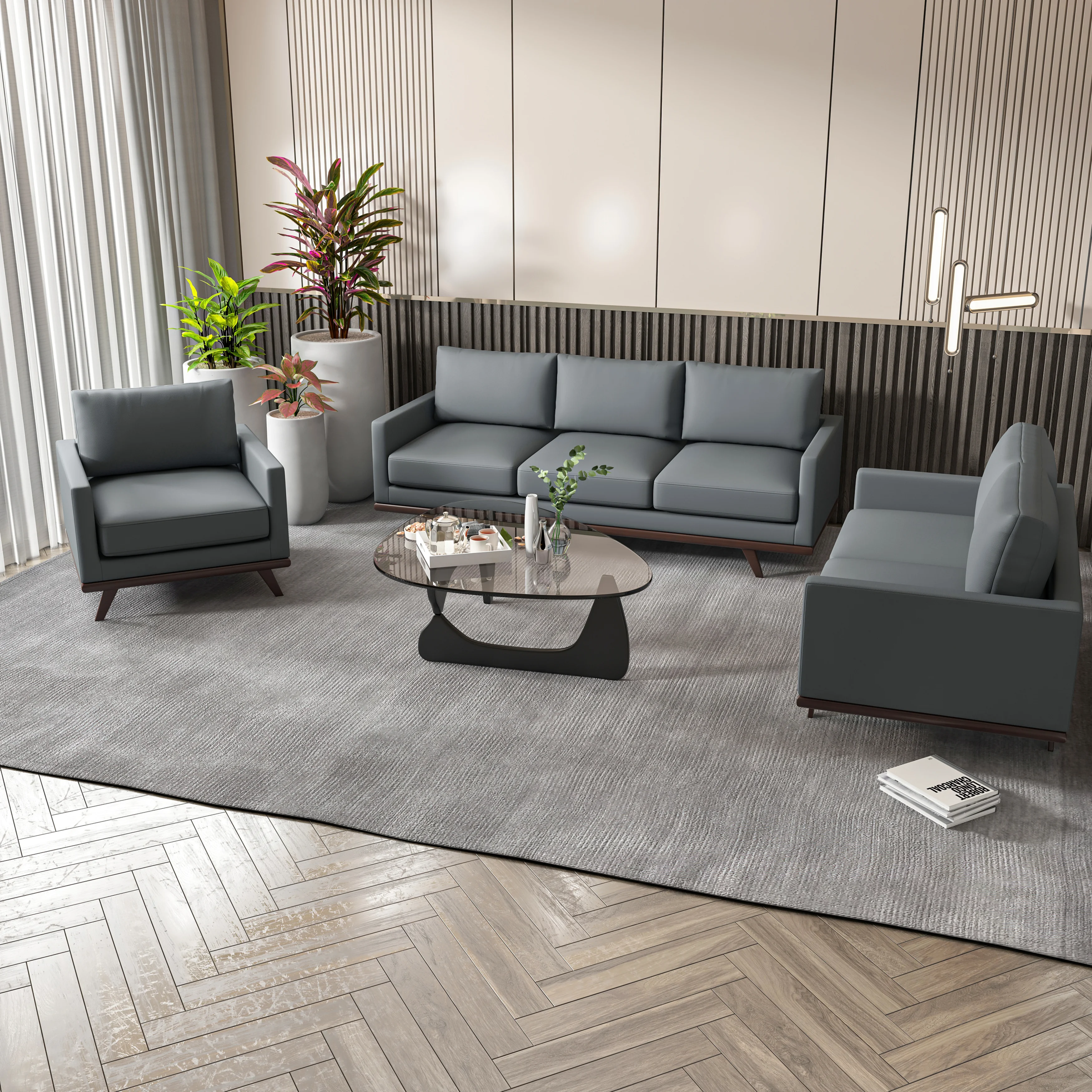 Chester 3-Piece Leather Living Room Sofa Set with Birch Wood Base Grey