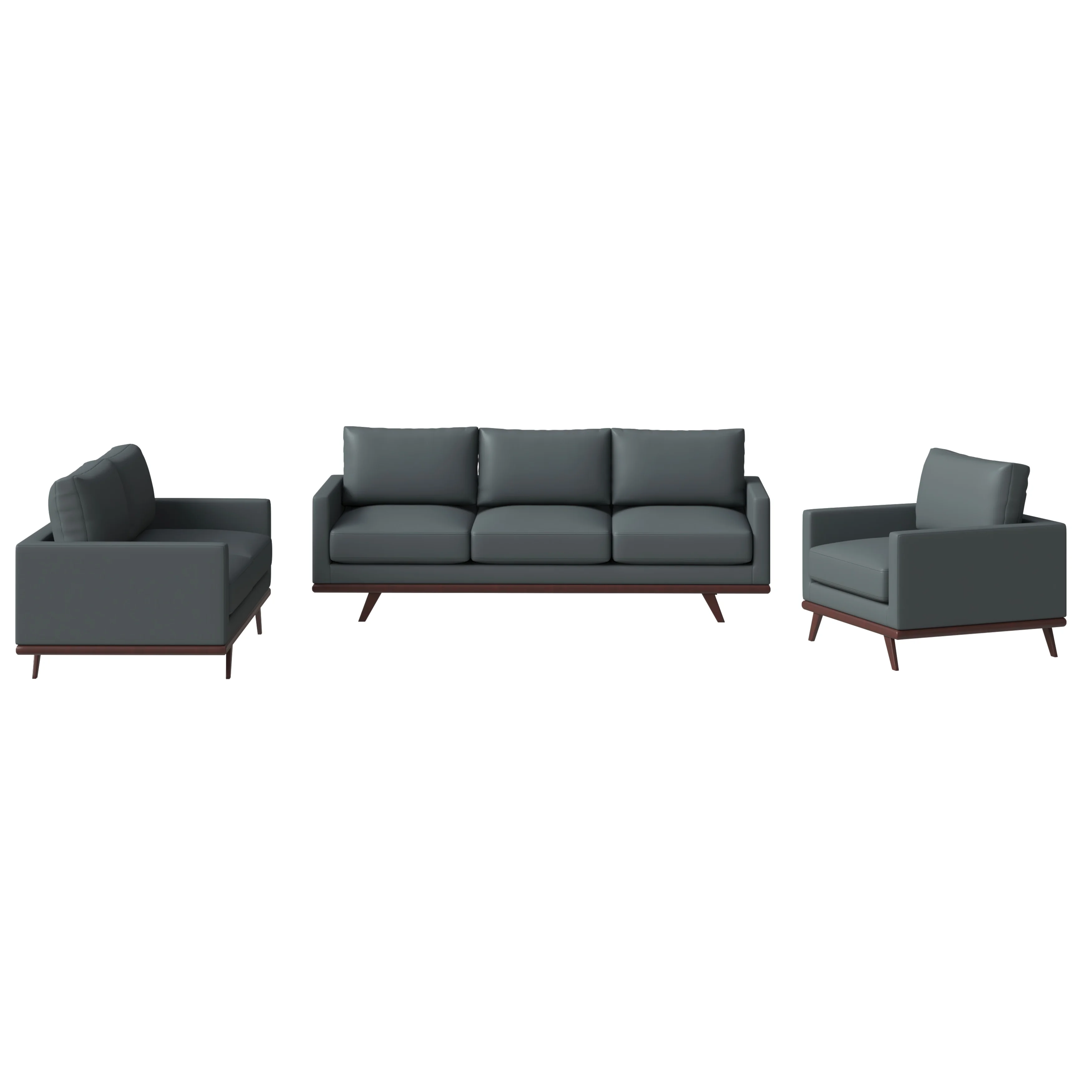 Chester 3-Piece Leather Living Room Sofa Set with Birch Wood Base Grey