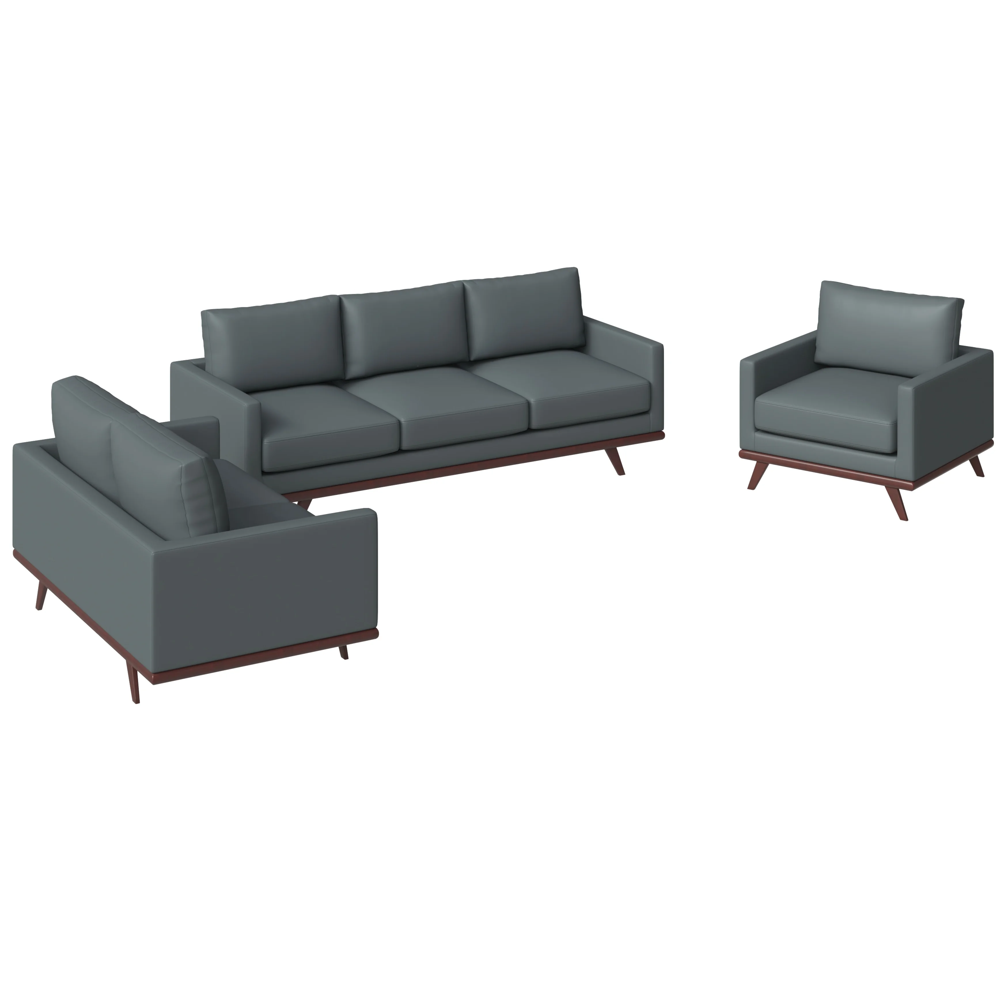 Chester 3-Piece Leather Living Room Sofa Set with Birch Wood Base Grey