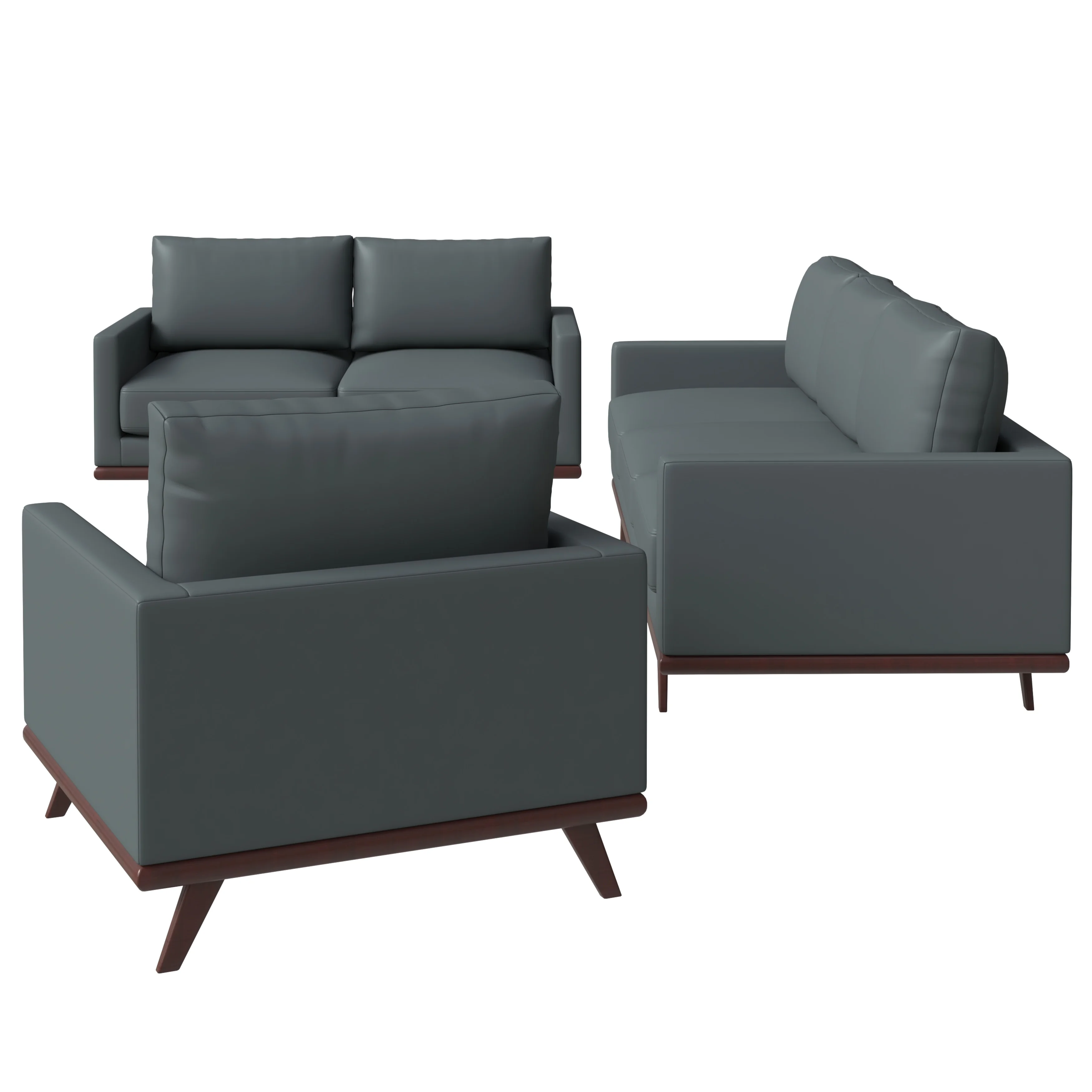 Chester 3-Piece Leather Living Room Sofa Set with Birch Wood Base Grey
