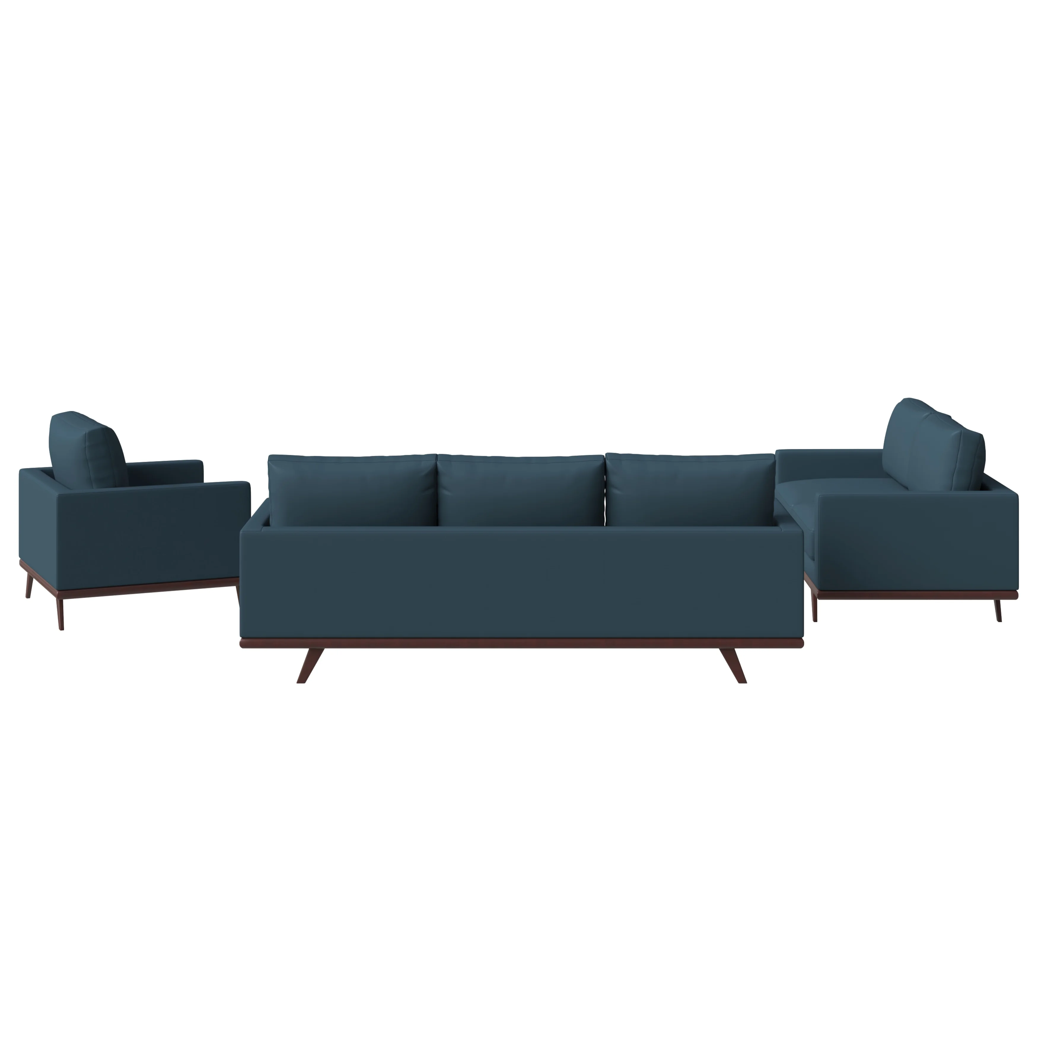Chester 3-Piece Leather Living Room Sofa Set with Birch Wood Base Navy Blue
