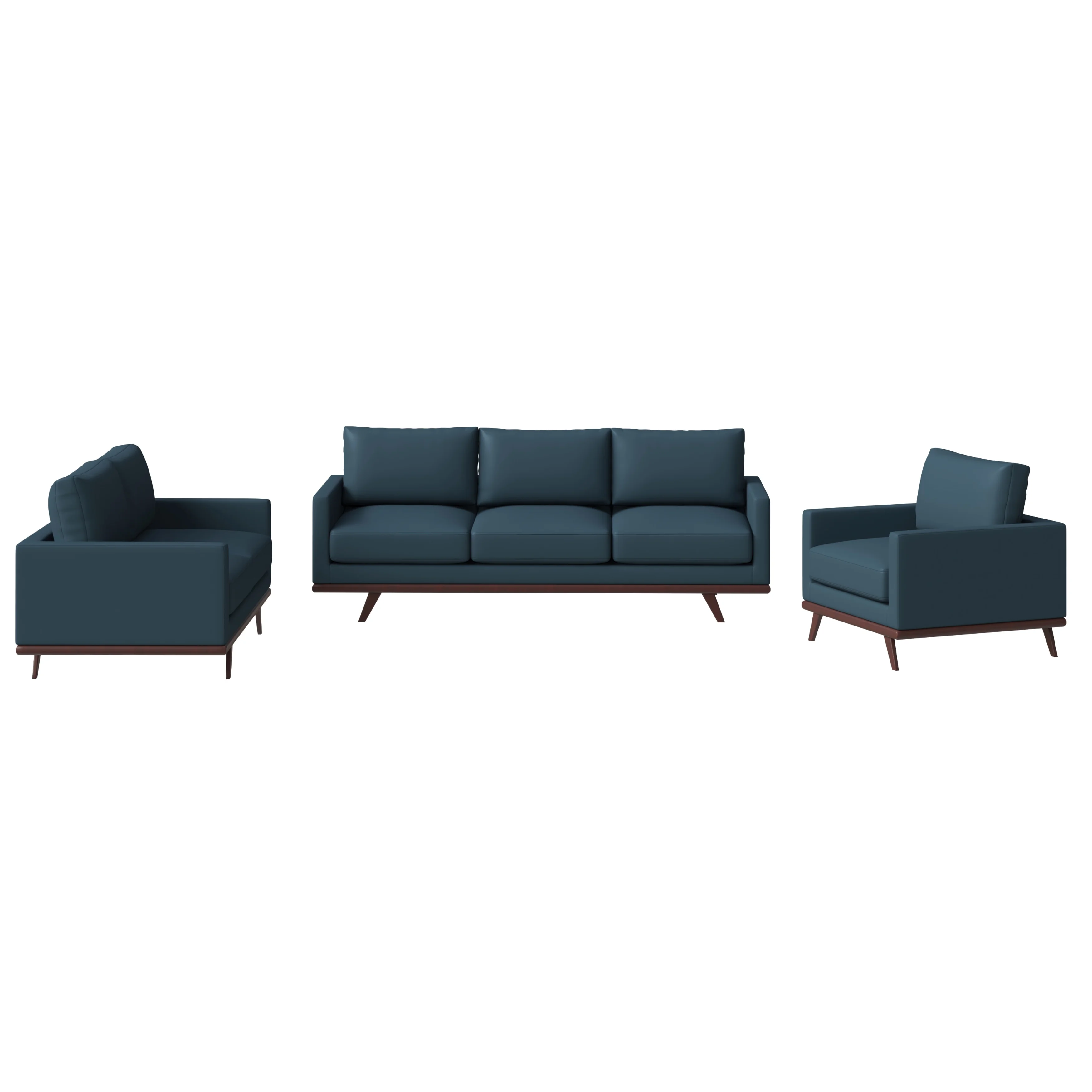 Chester 3-Piece Leather Living Room Sofa Set with Birch Wood Base Navy Blue