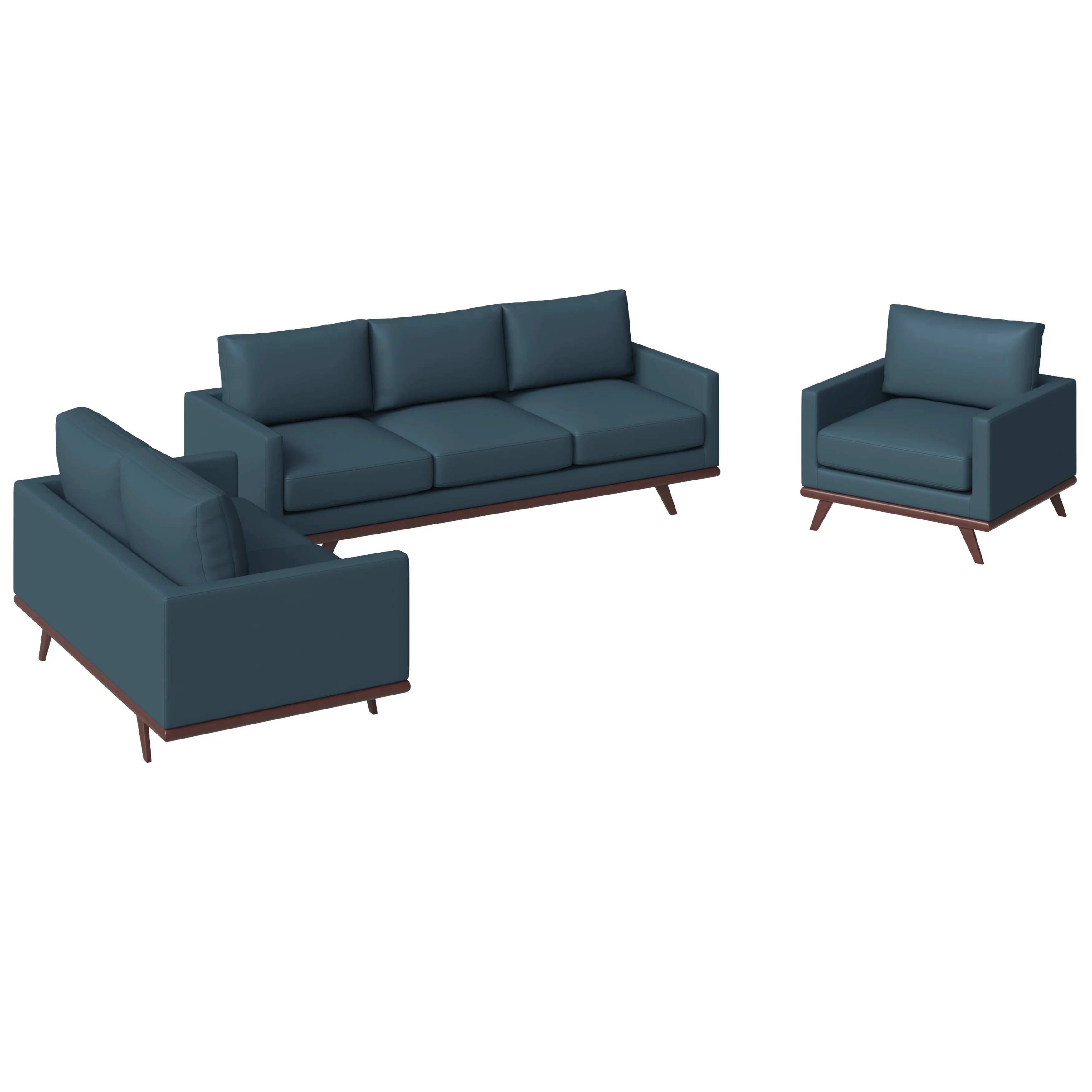 Chester 3-Piece Leather Living Room Sofa Set with Birch Wood Base Navy Blue
